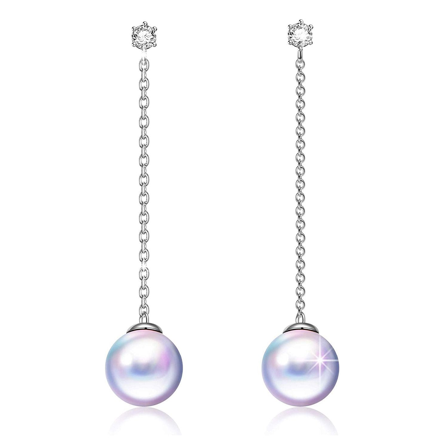 Elegant pearl drop earrings with diamond design, featuring 18K white gold plating and Austrian crystals.