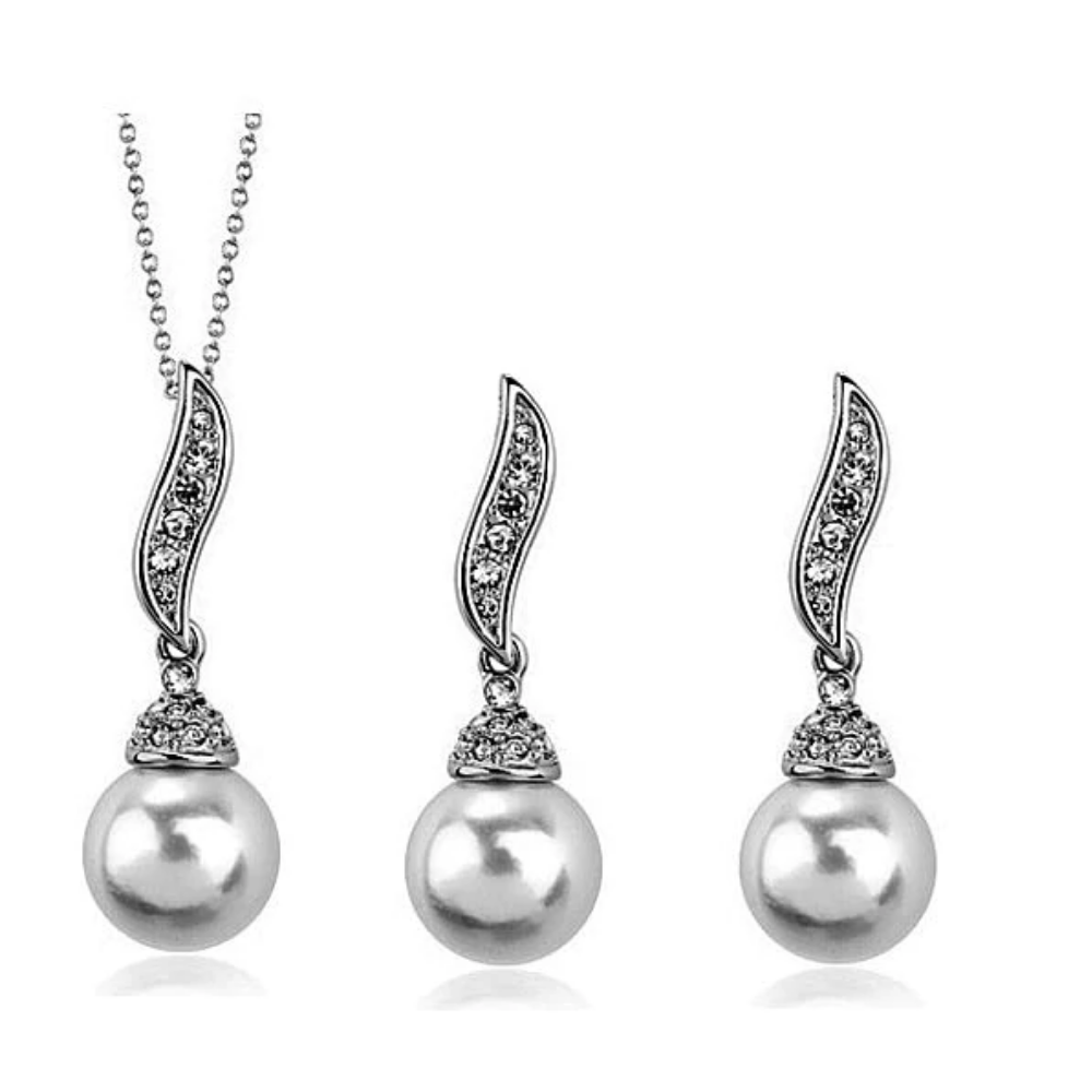 Elegant Pearl Drop Necklace and Earring Set featuring luminous pearls and AAA+ Cubic Zirconia, displayed on a soft background.