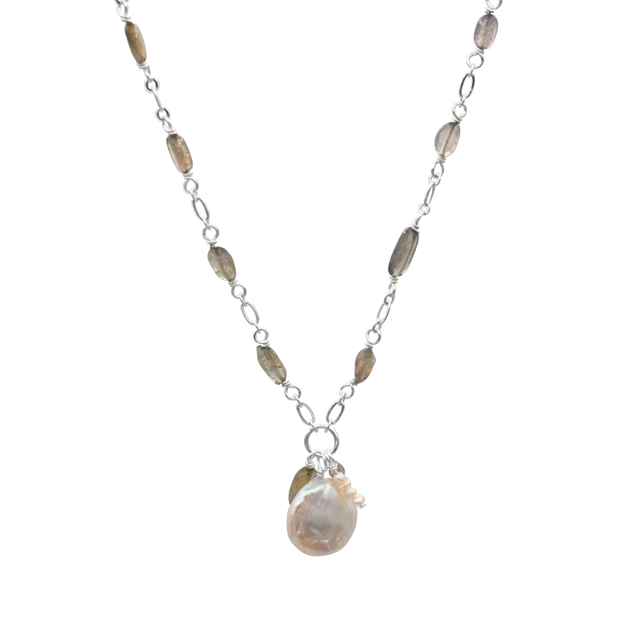Elegant Pearl Pendant with Charm Labradorite Chain Necklace featuring natural gemstones and silver-plated copper clasp.