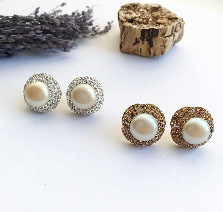 Elegant PEARL Round Studs featuring creamy white pearls surrounded by sparkling cubic zirconias in a vintage wreath design.
