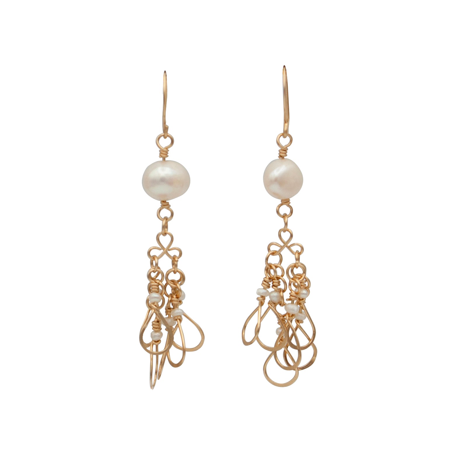 Elegant Pearls and Droplets 14k Gold Filled Earrings featuring freshwater pearls and fishhook back style.
