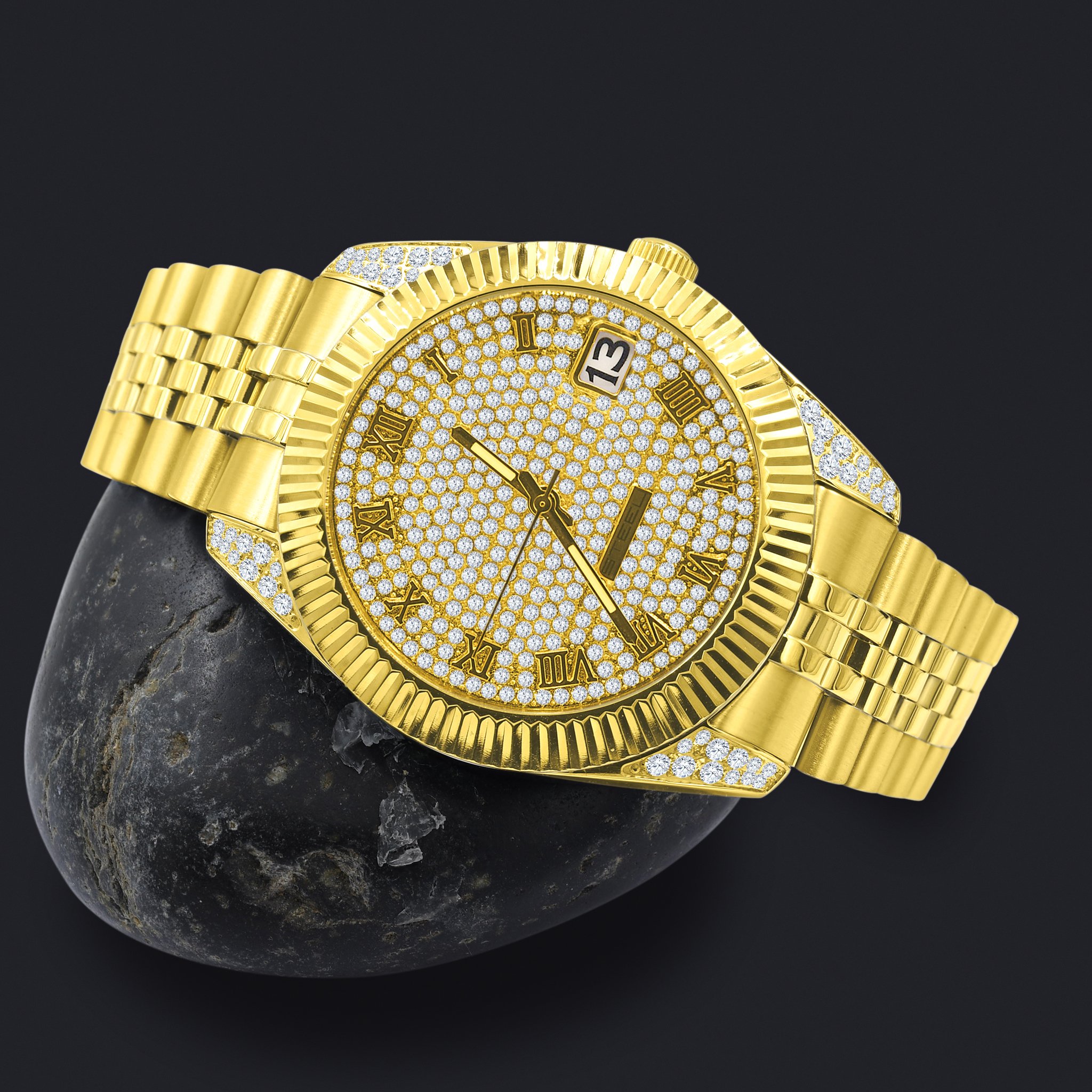 PEART Steel Timepiece featuring a stainless steel strap and a dazzling cubic zircon stone dial with Roman indices.