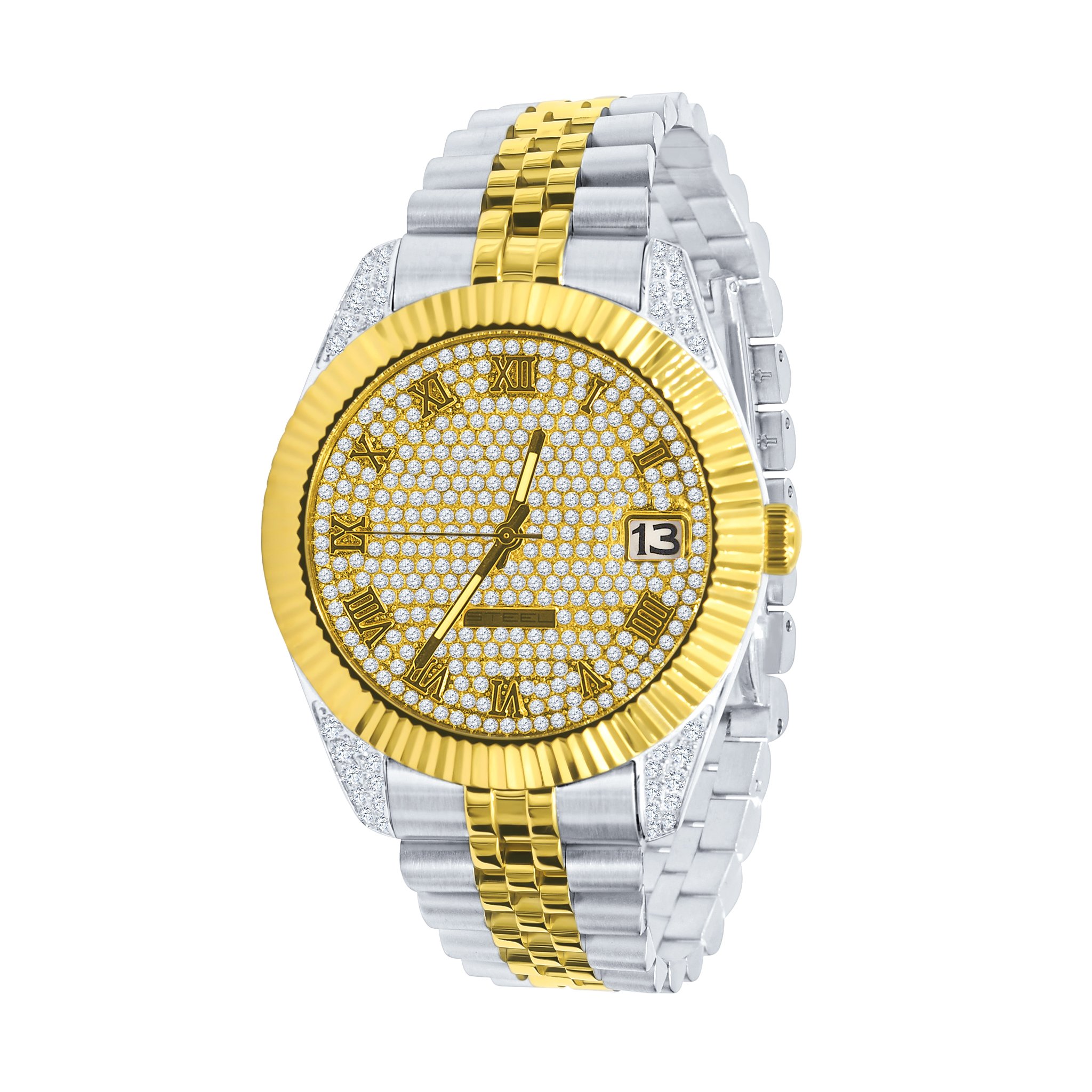 PEART Steel Timepiece featuring a stainless steel strap and cubic zircon stone embellishments, showcasing Roman indices and a date-display window.