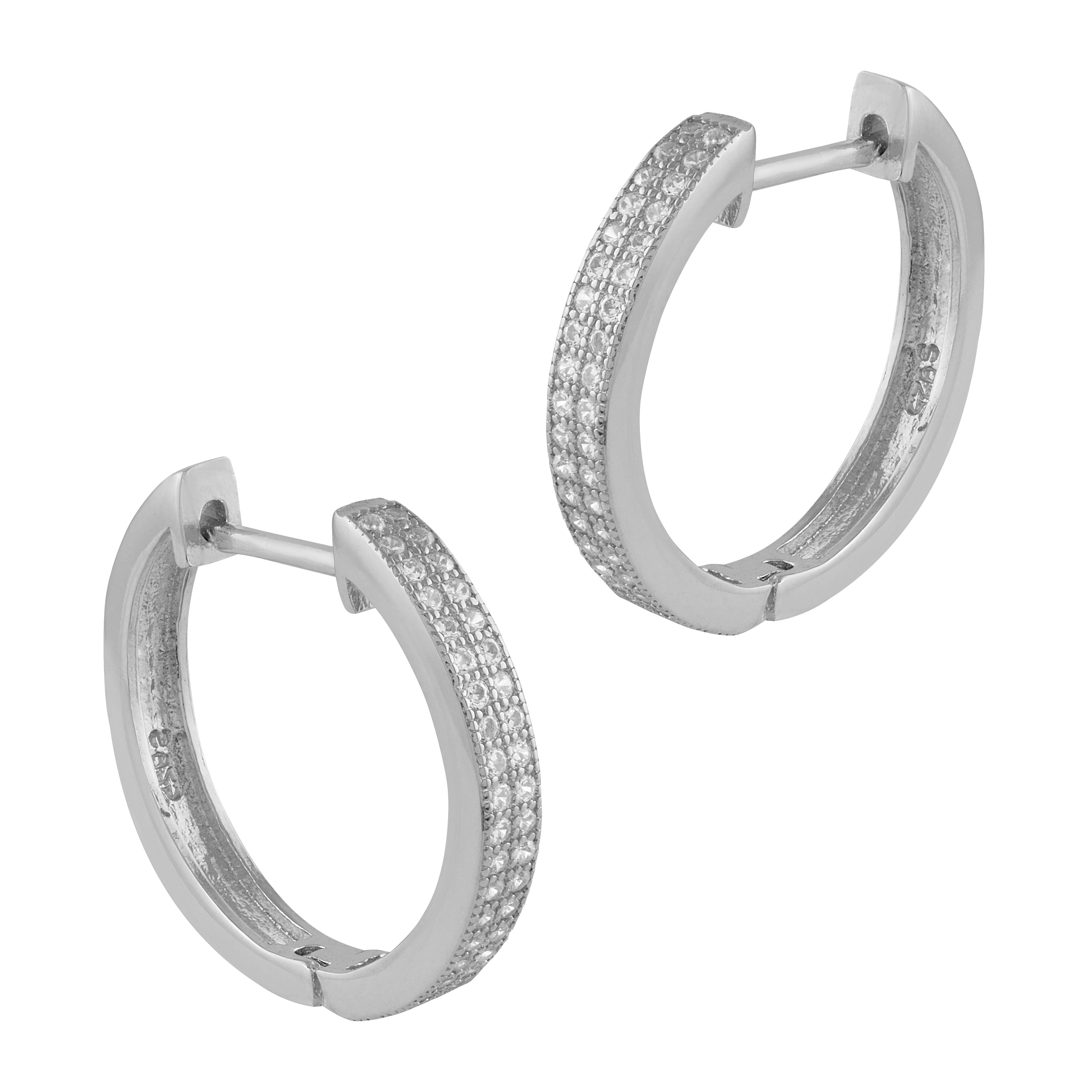 Pendientes criolla de plata con circonitas blancas brillantes, tamaño mediano, elegantes y sofisticados.