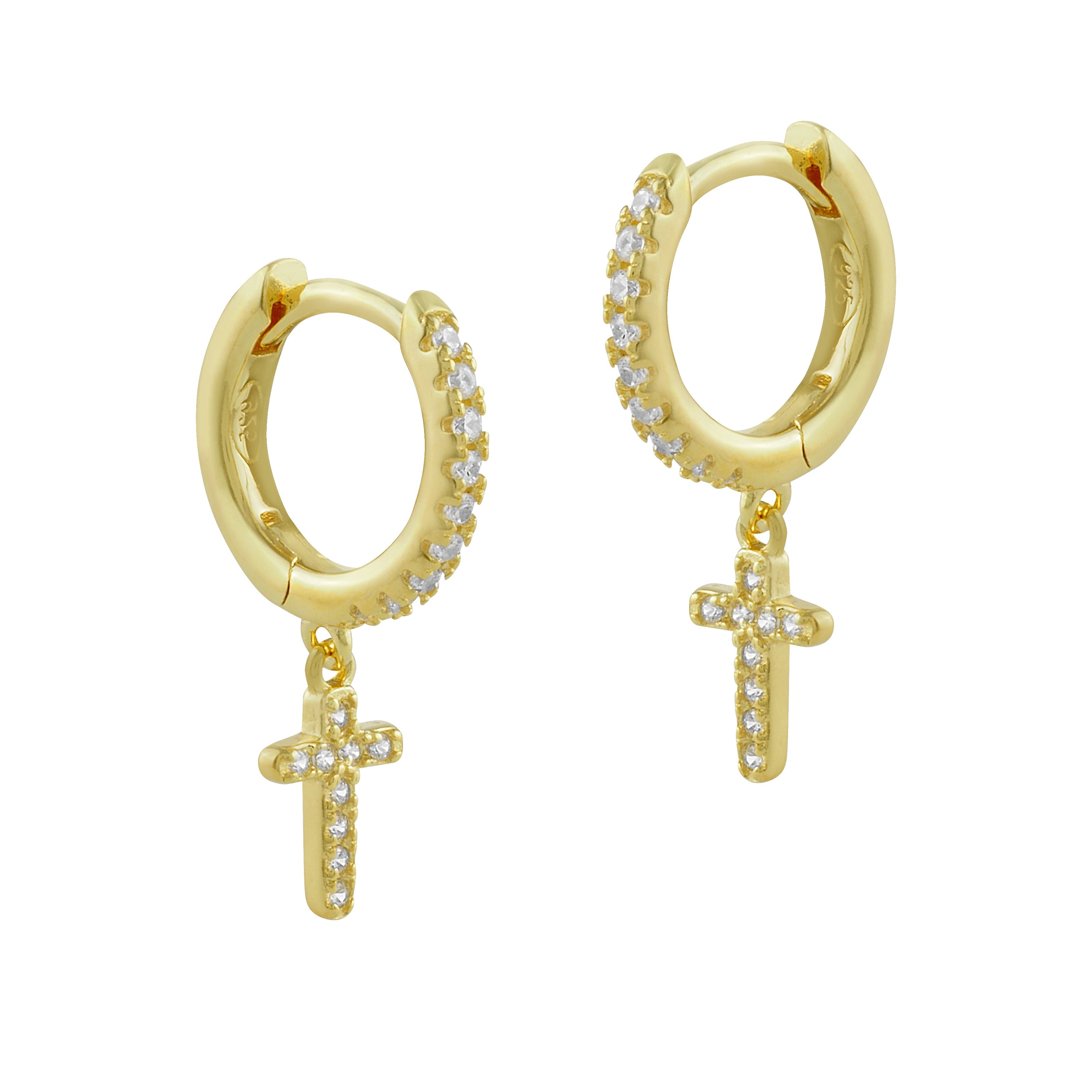 Pendientes de aro de plata bañada en oro amarillo con cruz y circonitas blancas, elegantes y sofisticados.