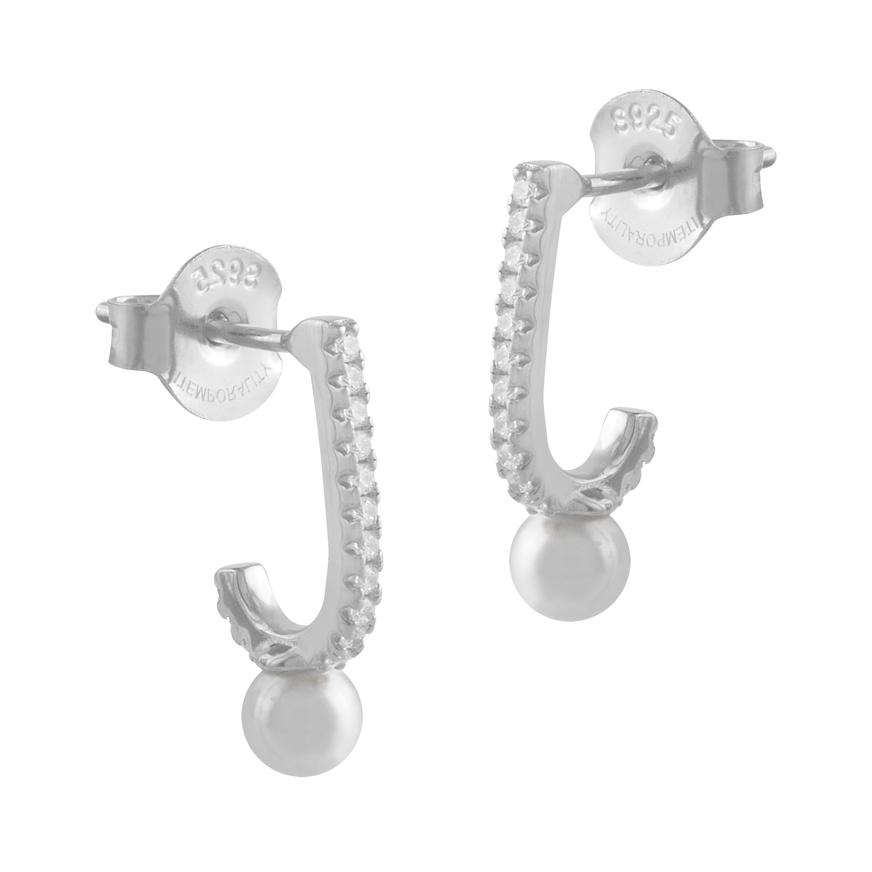 Pendientes de plata con perla colgante y circonitas brillantes, diseño moderno y elegante.