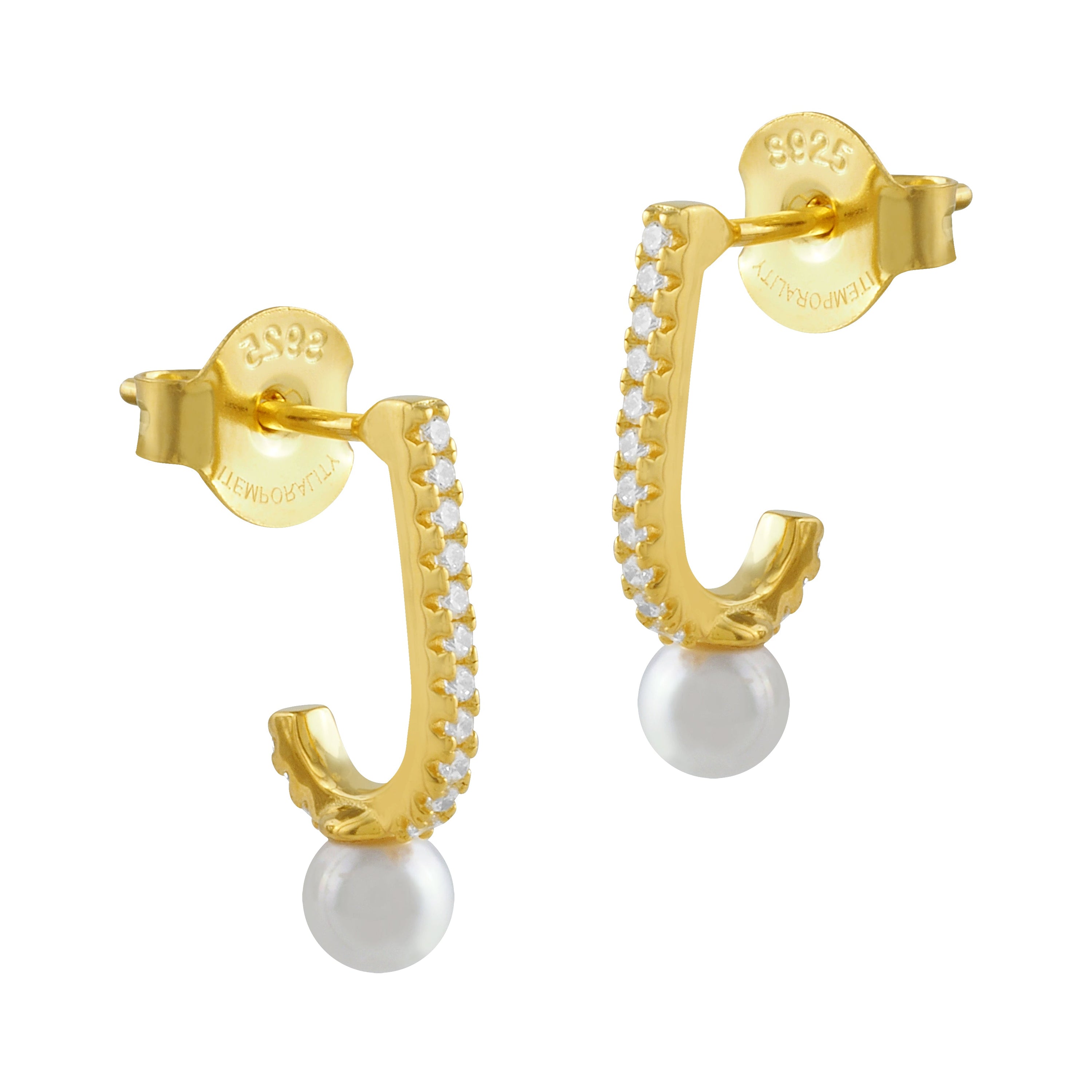Pendientes de plata bañada en oro con perla colgante y circonitas blancas, elegantes y modernos.