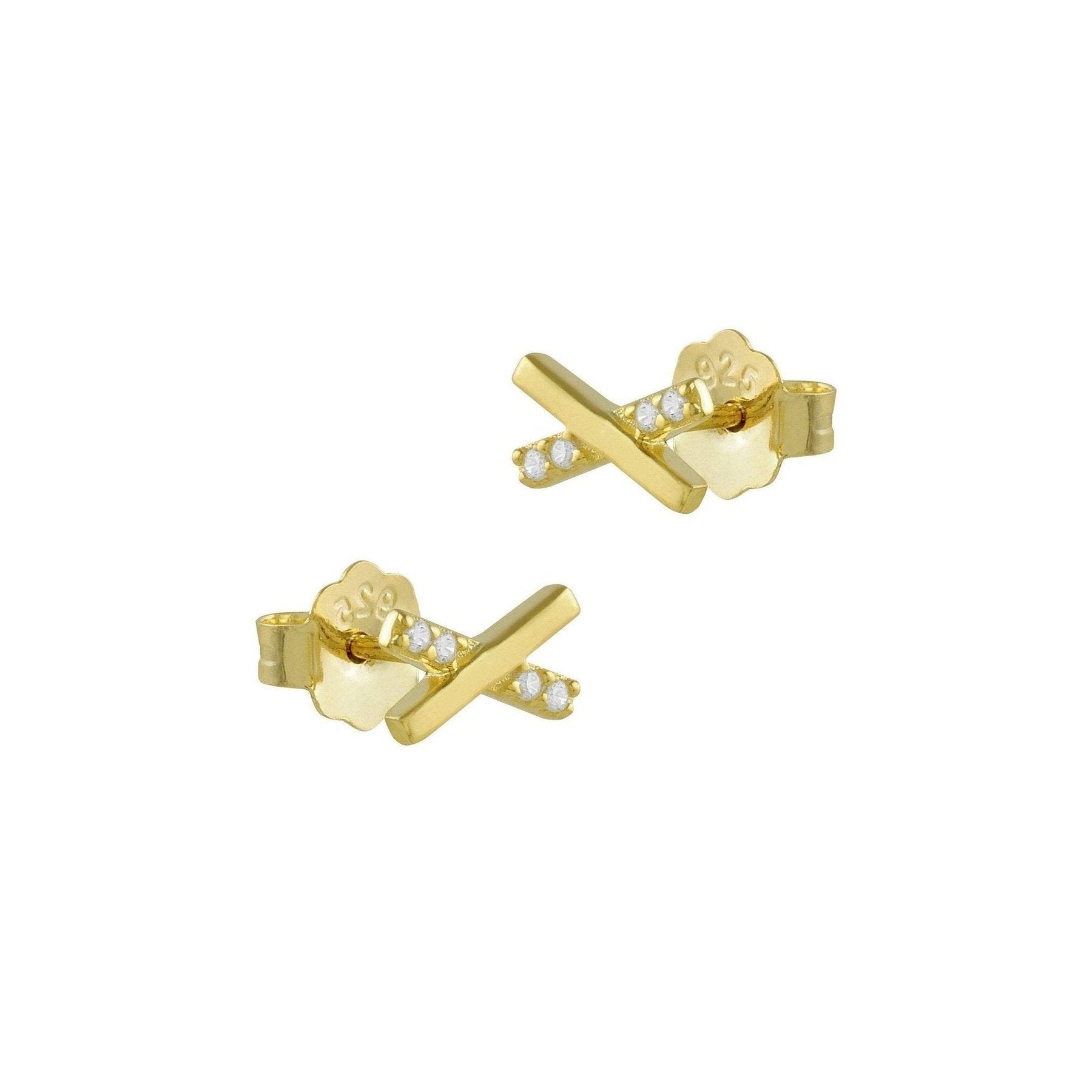 Pendientes Equis de Plata bañados en Oro con Circonitas, diseño moderno y elegante en forma de X.