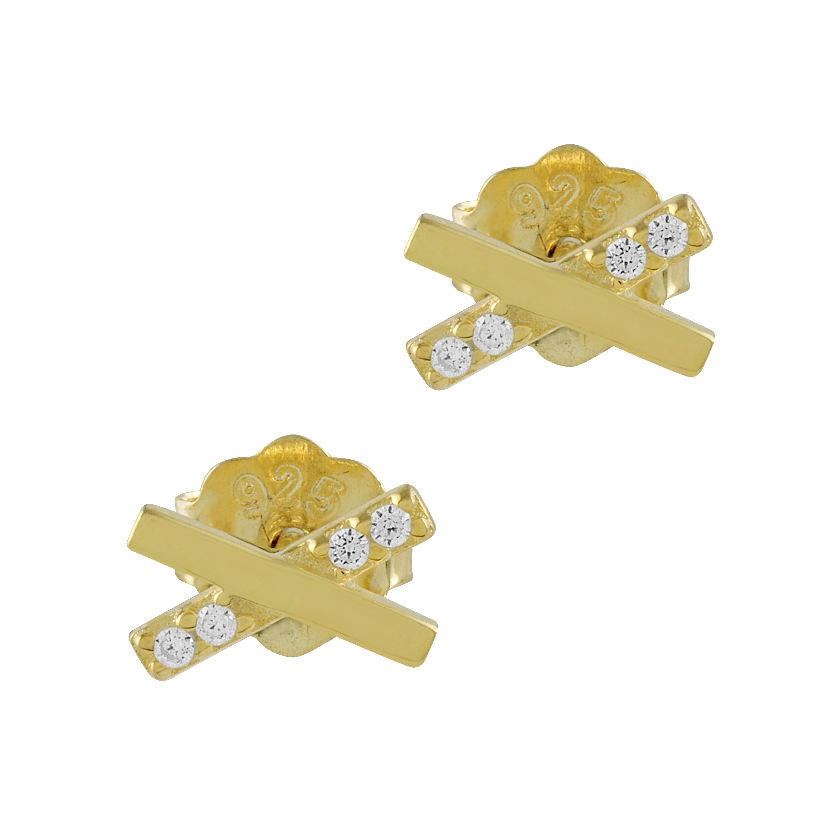 Pendientes Equis de Plata bañados en Oro con Circonitas, diseño moderno y elegante en forma de X.