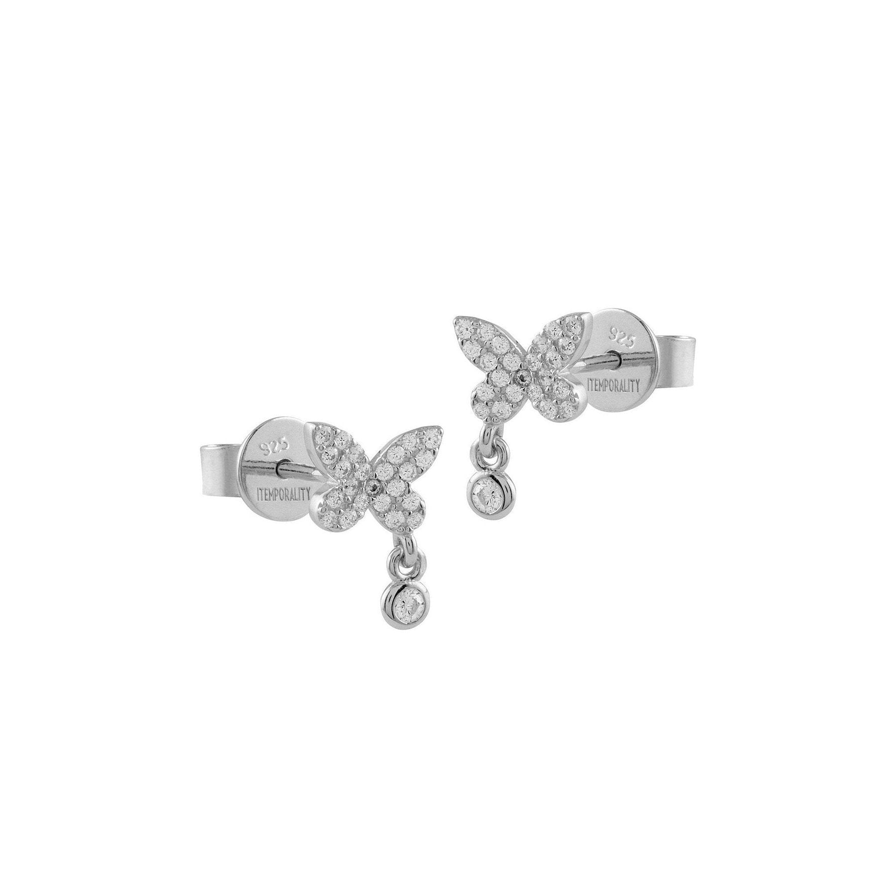Pendientes de plata con diseño de mariposa y circonitas blancas brillantes, perfectos para ocasiones elegantes.