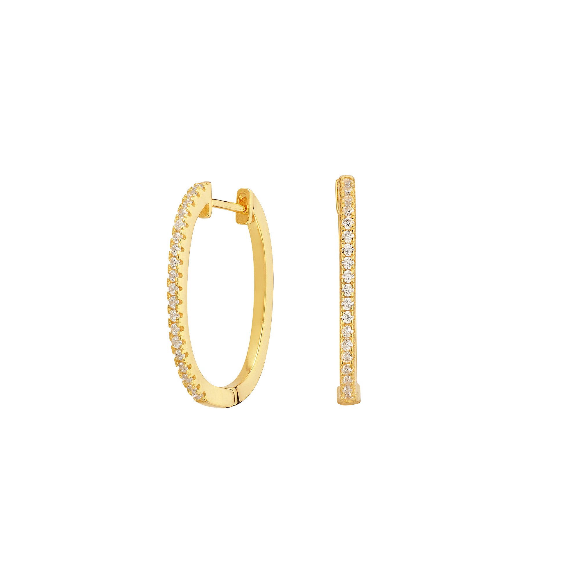 Pendientes ovalados bañados en oro amarillo con circonitas blancas, elegantes y ligeros, perfectos para cualquier ocasión.