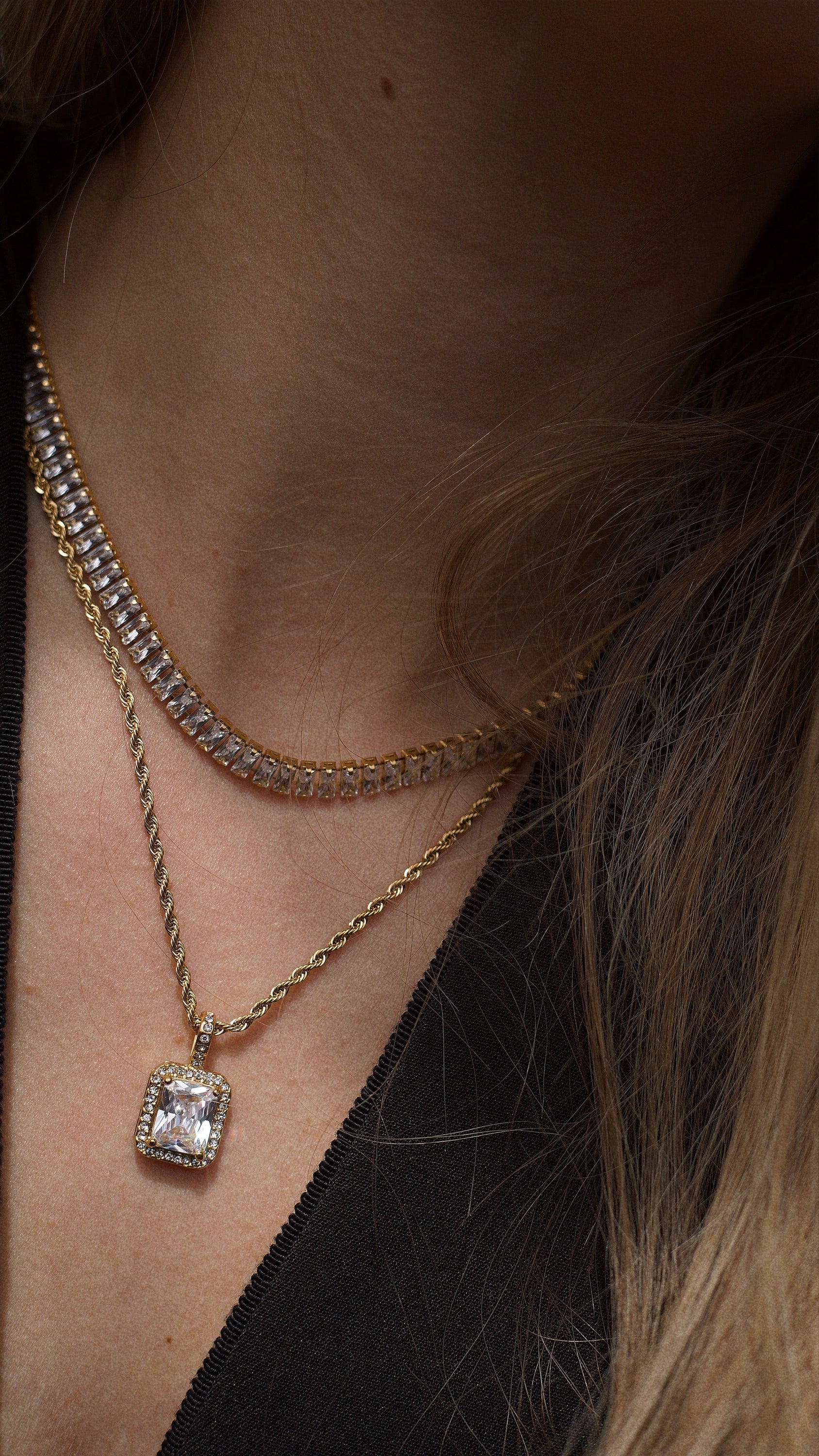 Penelope Crystal Choker Necklace featuring multi-coloured CZ crystals and 18K gold plating on a stainless steel chain.