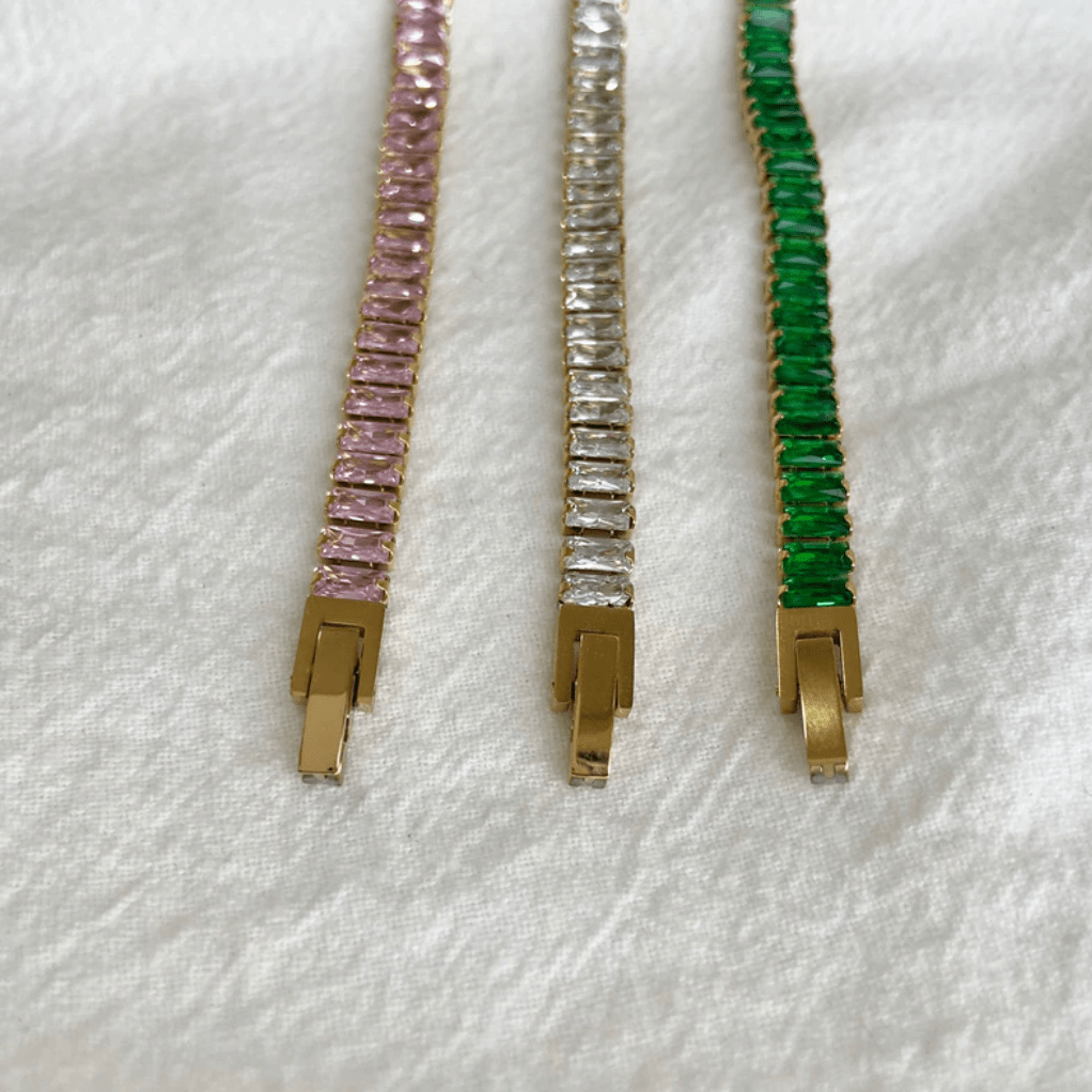 Penelope Crystal Choker Necklace featuring multi-coloured CZ crystals and 18K gold plating on a stainless steel chain.