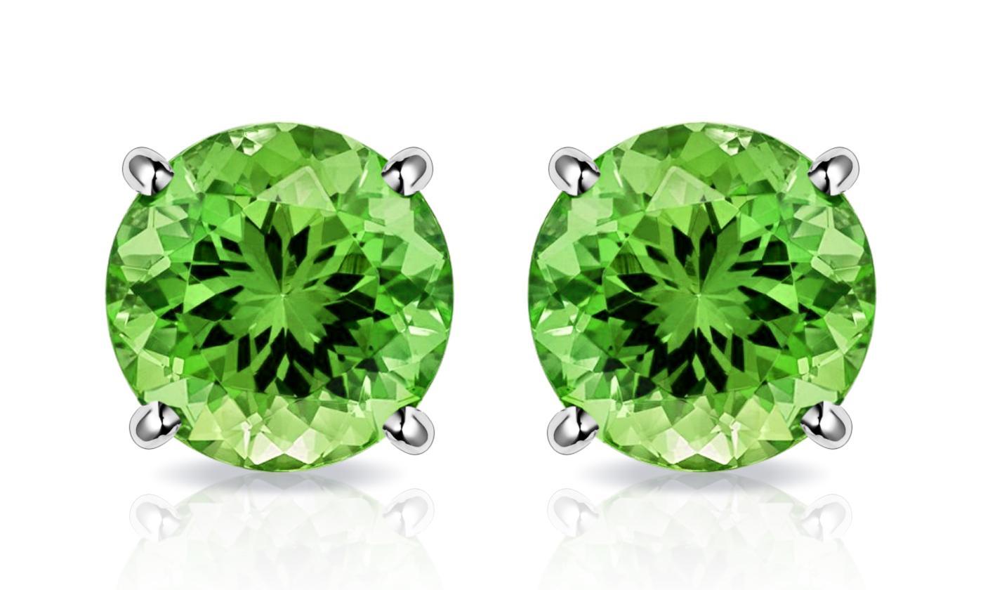 Elegant 6mm Peridot Created Crystal Stud Earrings in 14K White Gold Plated setting, showcasing their vibrant green color and luxurious design.