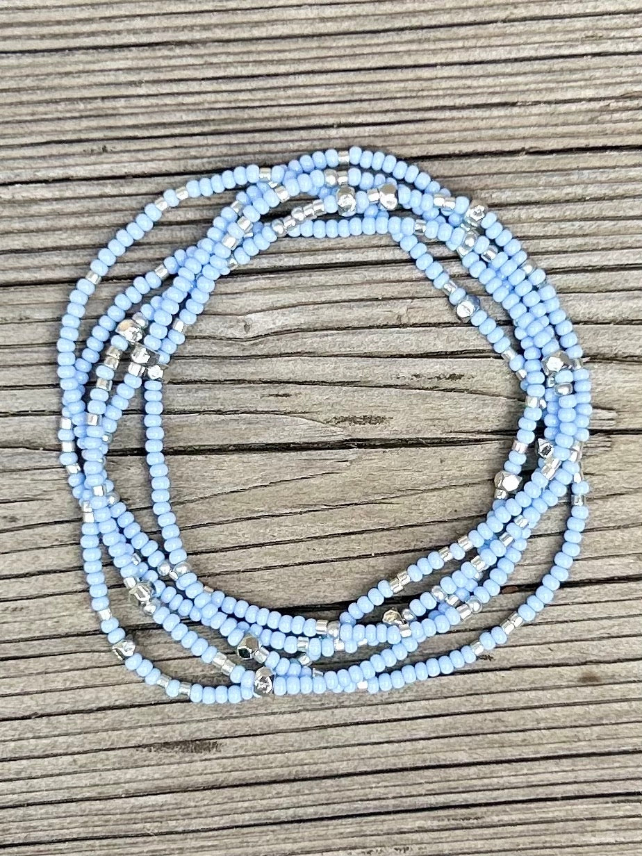 Periwinkle Silver-Sprinkle Beaded 5-Wrap Bracelet featuring Czech glass seed beads and metallic silver accents.