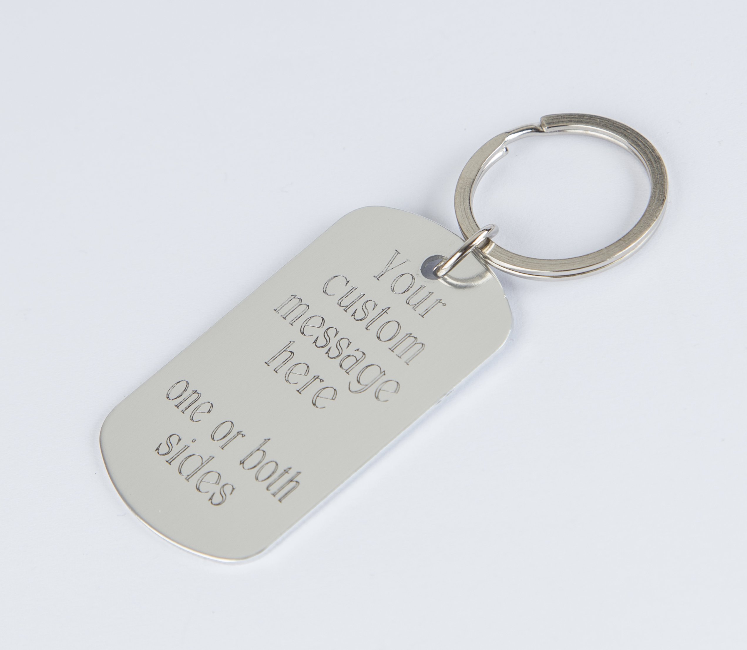 Personalized engraved keychain featuring a stainless steel keyring and lightweight aluminum tag, customizable with text on both sides.