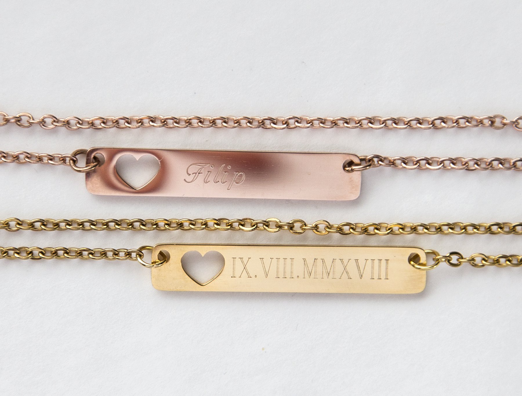 Personalized Name Bar Necklace with heart charm, gold plated, elegant design for moms-to-be.