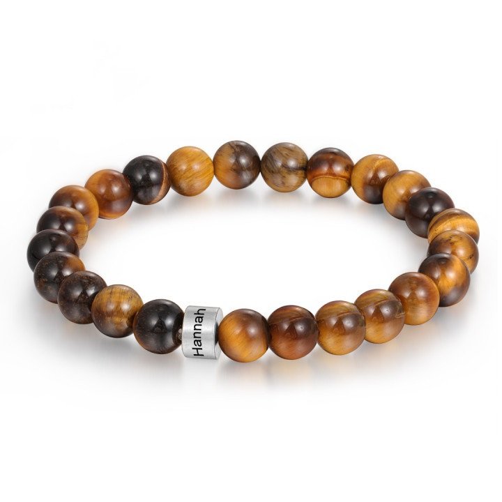 Personalized Natural Stone Bracelet made with Tiger Eye Stone and stainless steel, showcasing its unique brown hues and elegant design.