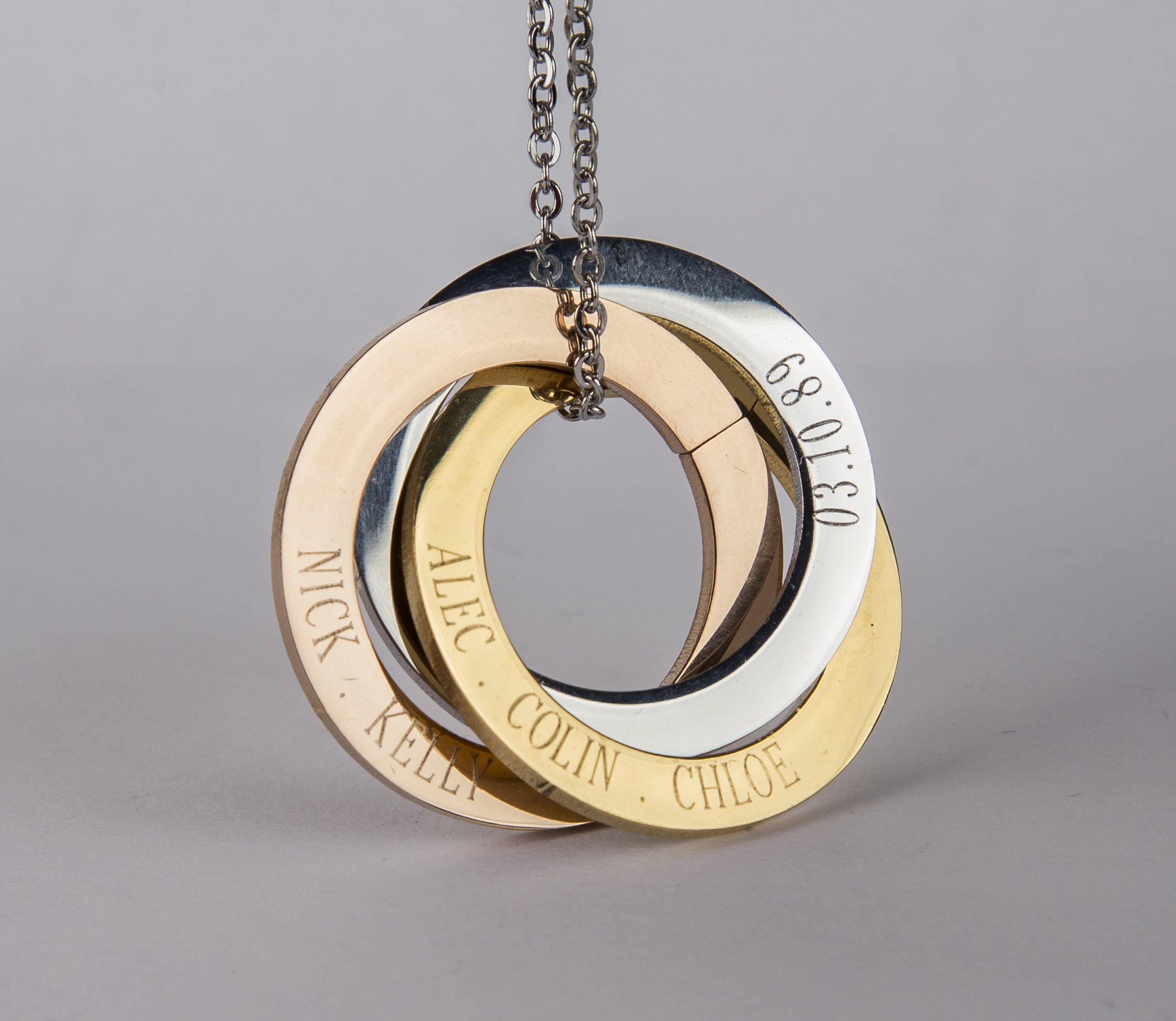 Personalized Russian Rings Eternity Necklace featuring interlocked rings with custom engravings, available in stainless steel and gold plating.