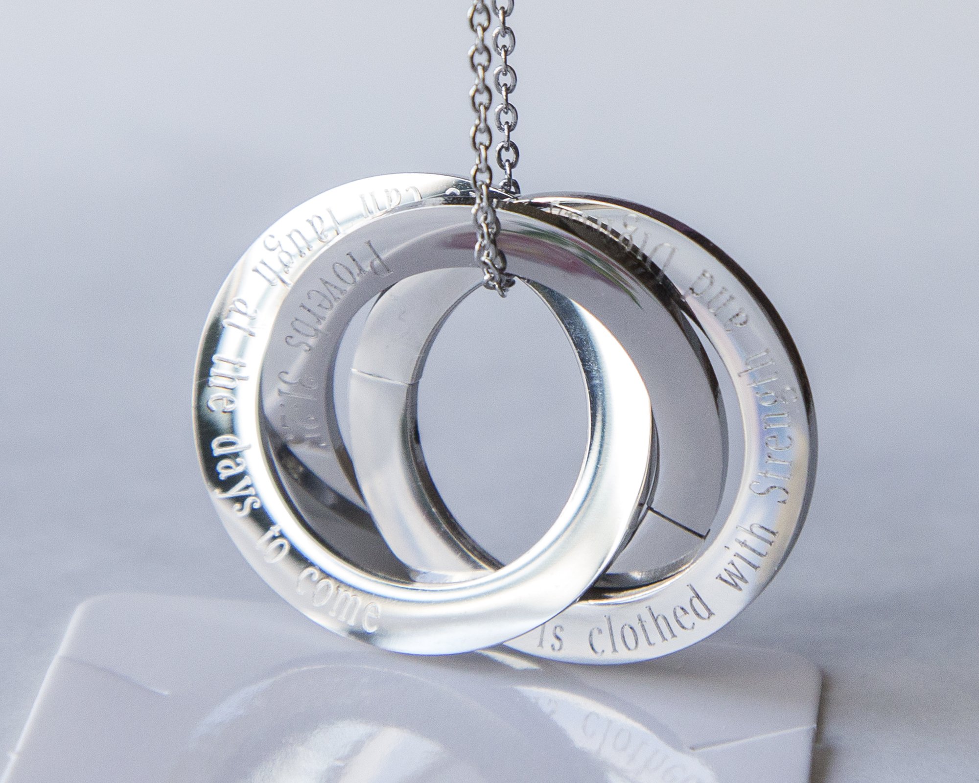 Personalized Scripture Rings Necklace featuring three customizable stainless steel rings on a delicate chain, perfect for faith-inspired gifts.