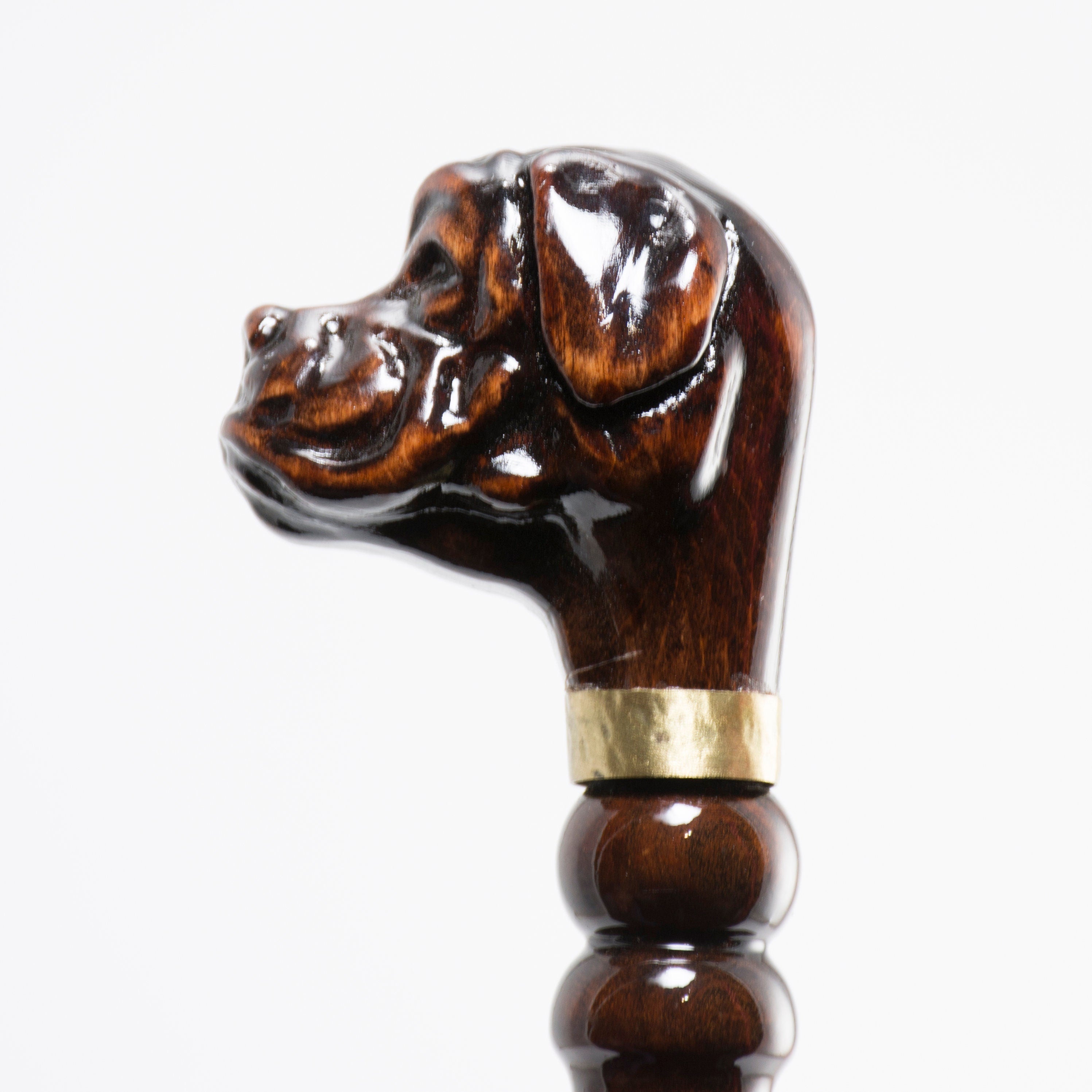 Personalized 28.5-inch wooden shoe horn with a boxer dog head design, crafted from high-quality materials including wood, brass, and leather.