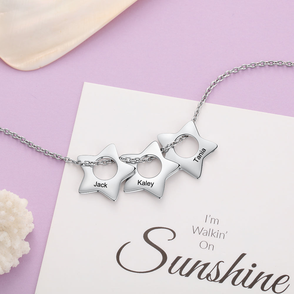 A beautiful personalized stainless steel star necklace with an adjustable chain, showcasing its elegant design and hypoallergenic features.