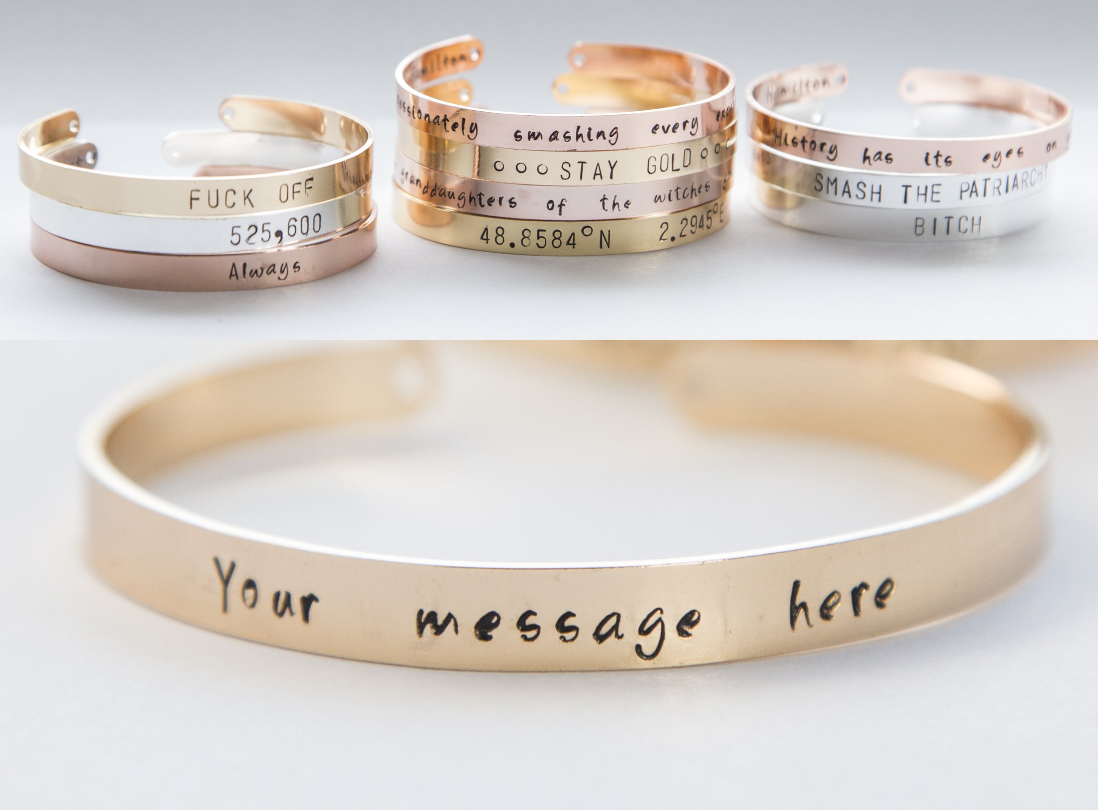 Personalized stamped cuff bracelet in copper with rose gold plating, featuring a custom hand-stamped message.