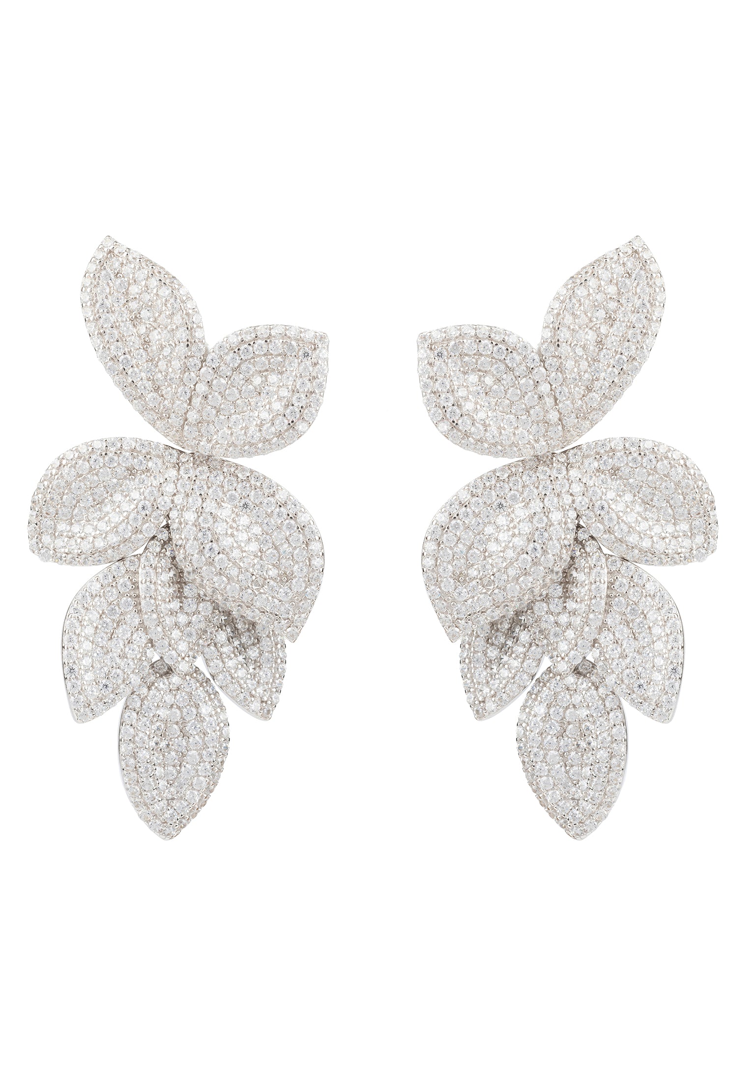 Elegant silver earrings featuring cascading flower design with zircon embellishments, perfect for special occasions.