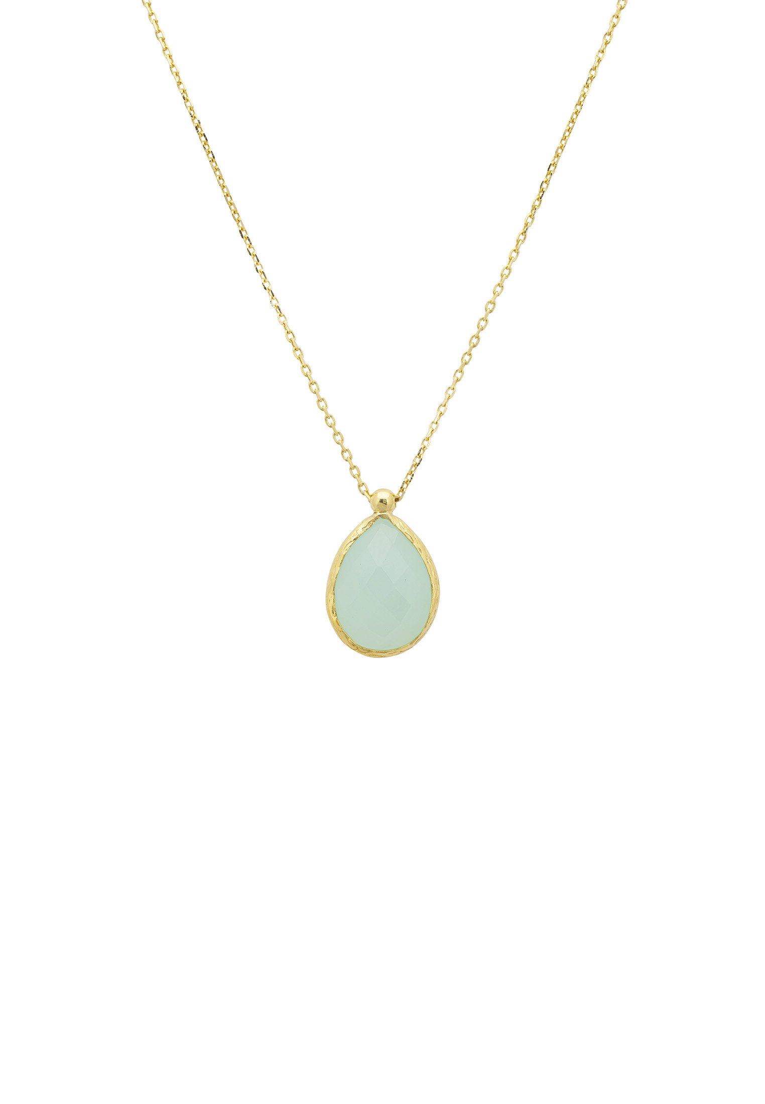 Petite Drop Necklace in Gold featuring a teardrop Aqua Chalcedony gemstone, elegantly designed with a metallic setting and bail.