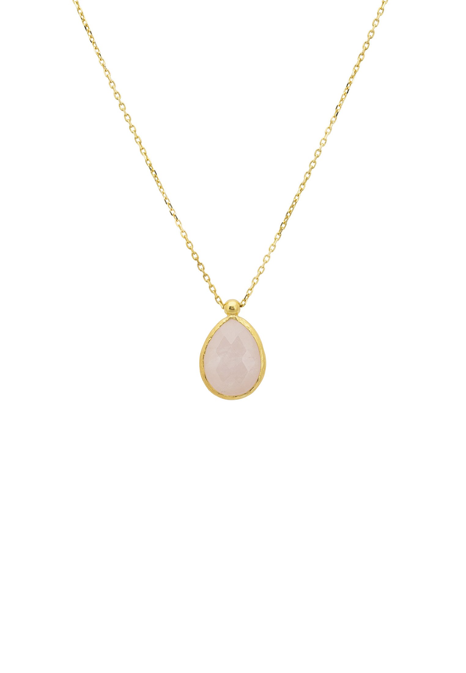 A stunning gold necklace featuring a teardrop-shaped rose quartz gemstone, elegantly set in a metallic frame.