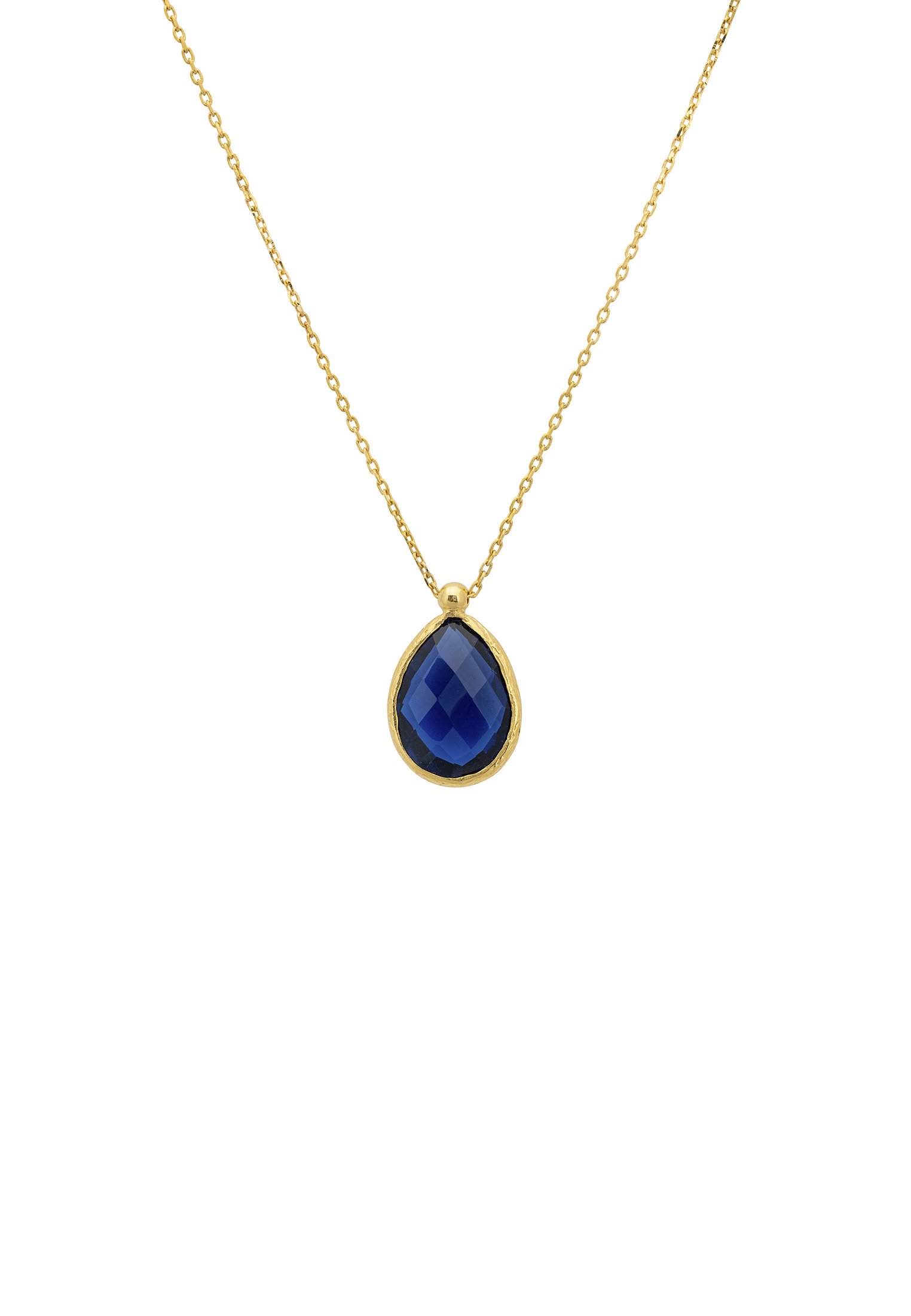Petite Drop Necklace featuring a gold dipped 925 sterling silver chain with a vibrant sapphire hydro teardrop gemstone.