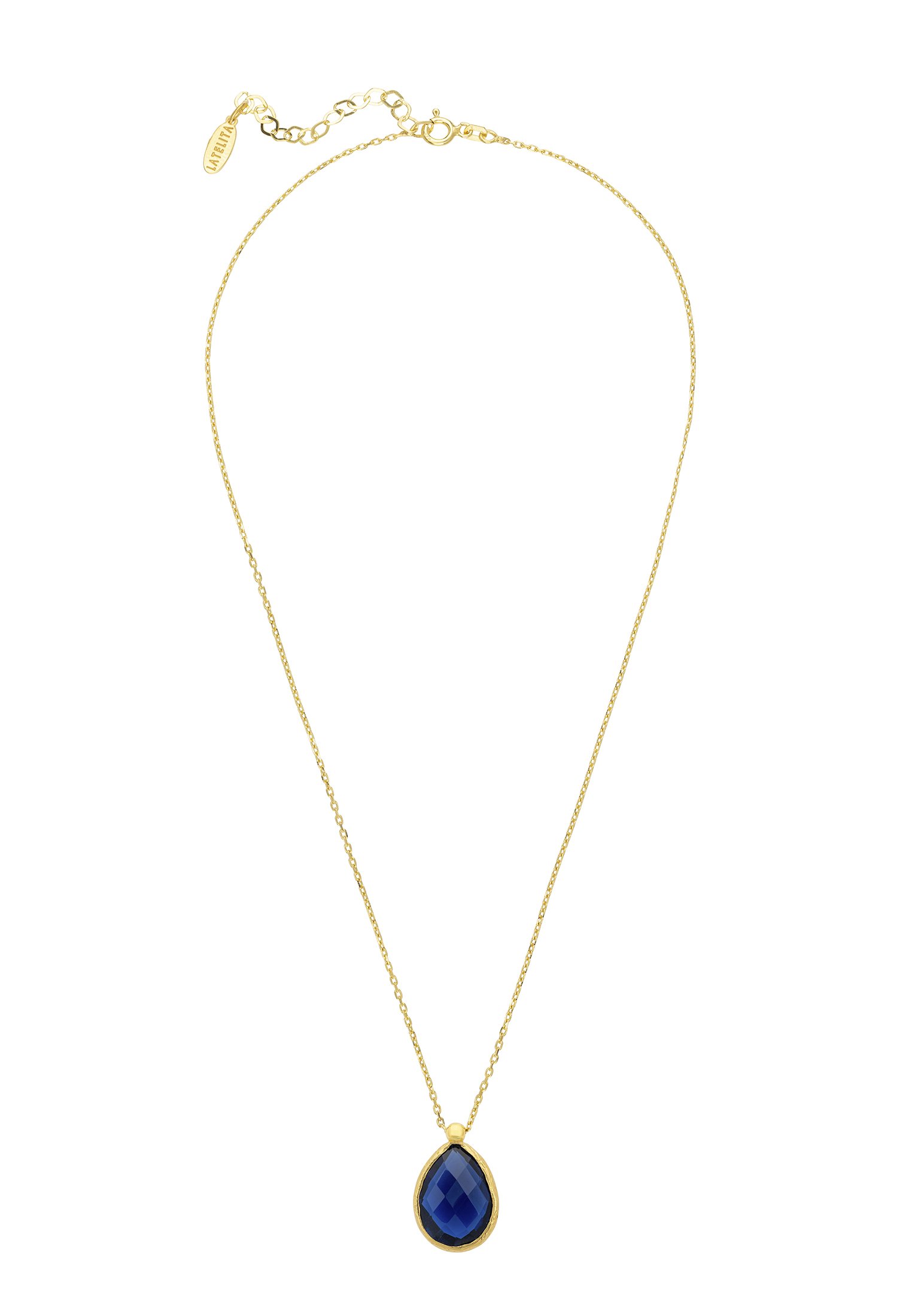 Petite Drop Necklace featuring a gold dipped 925 sterling silver chain with a vibrant sapphire hydro teardrop gemstone.