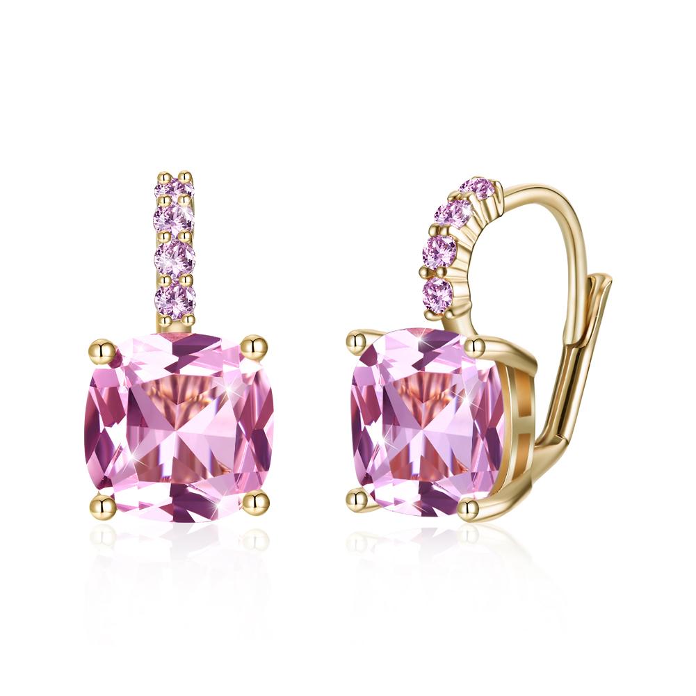 Elegant Pink Asscher Cut Pav'e Leverback earrings in 14K gold, showcasing certified crystals and a lightweight design.