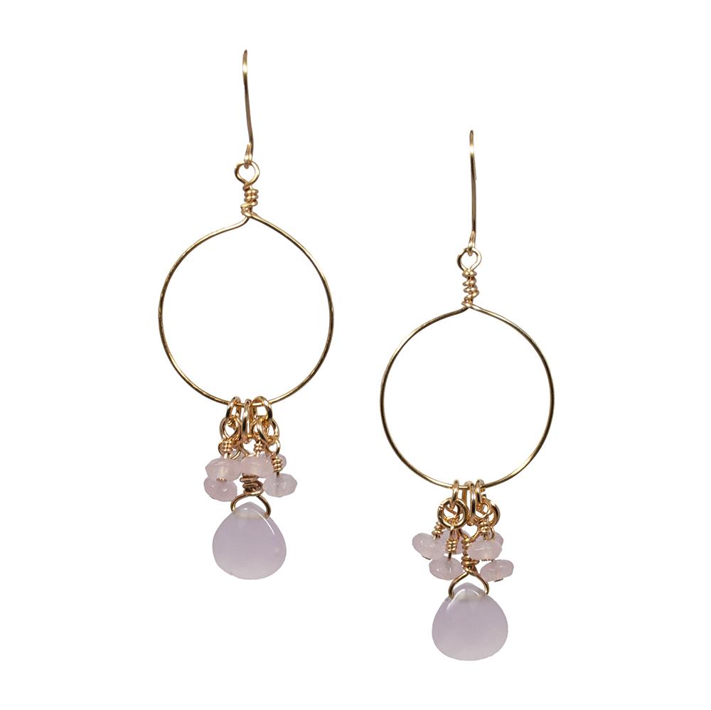 Elegant Pink Chalcedony and Jade Cluster Hoop Earrings featuring pastel pink jade rondelles and a pink chalcedony teardrop on silver plated copper hoops.