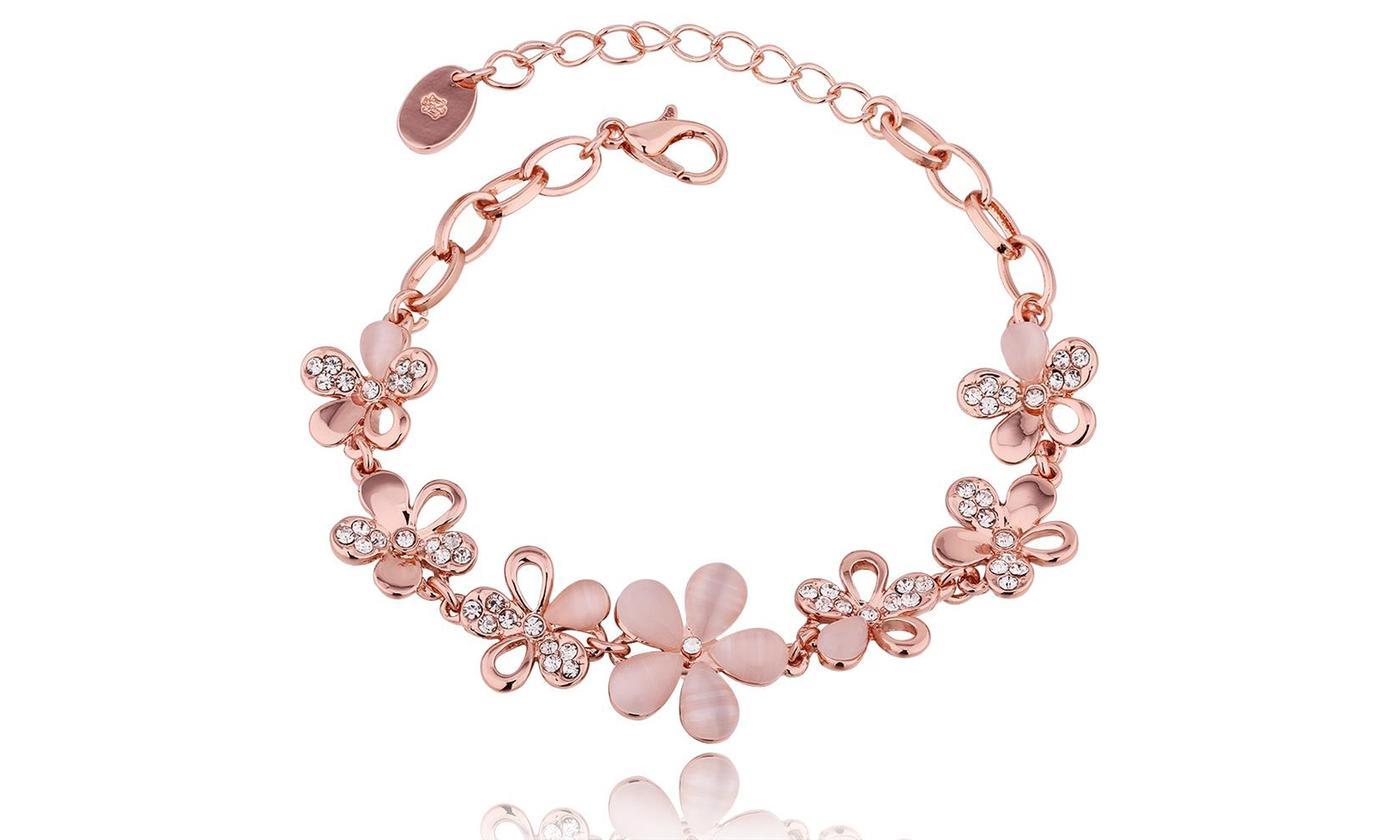 A beautiful Pink Opal Multi Floral Daisy Bracelet crafted in 14K rose gold plating, featuring delicate floral designs and pink opal stones.