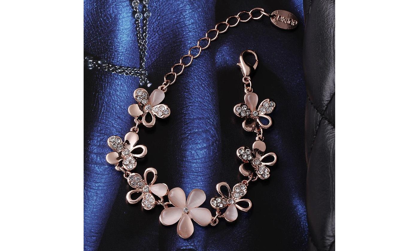 A beautiful Pink Opal Multi Floral Daisy Bracelet crafted in 14K rose gold plating, featuring delicate floral designs and pink opal stones.