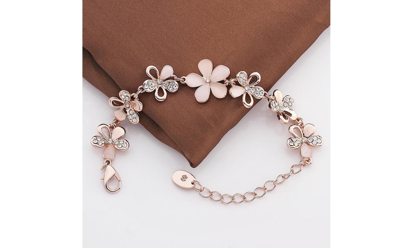 A beautiful Pink Opal Multi Floral Daisy Bracelet crafted in 14K rose gold plating, featuring delicate floral designs and pink opal stones.