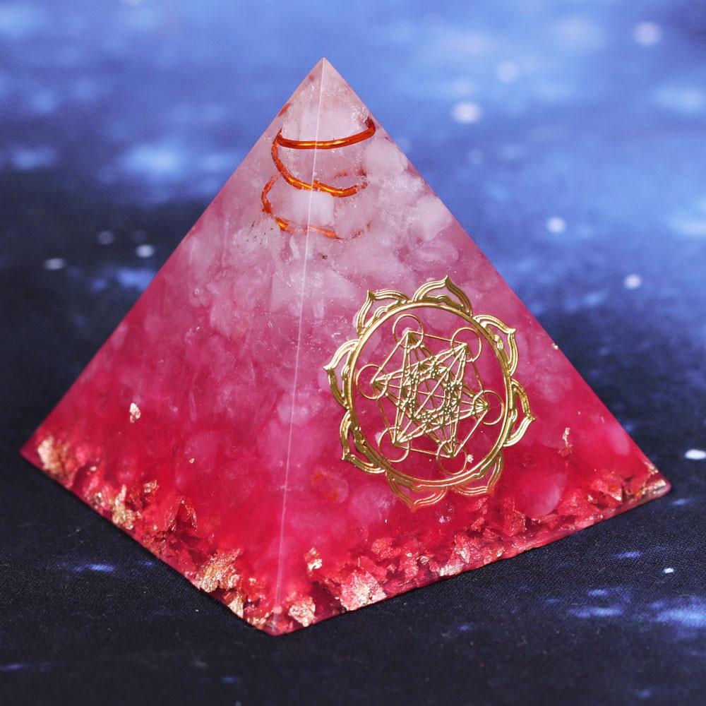Pink Orion/Ogan Energy Pyramid made of resin, symbolizing love and good luck, featuring natural stones, copper, and gold foil.