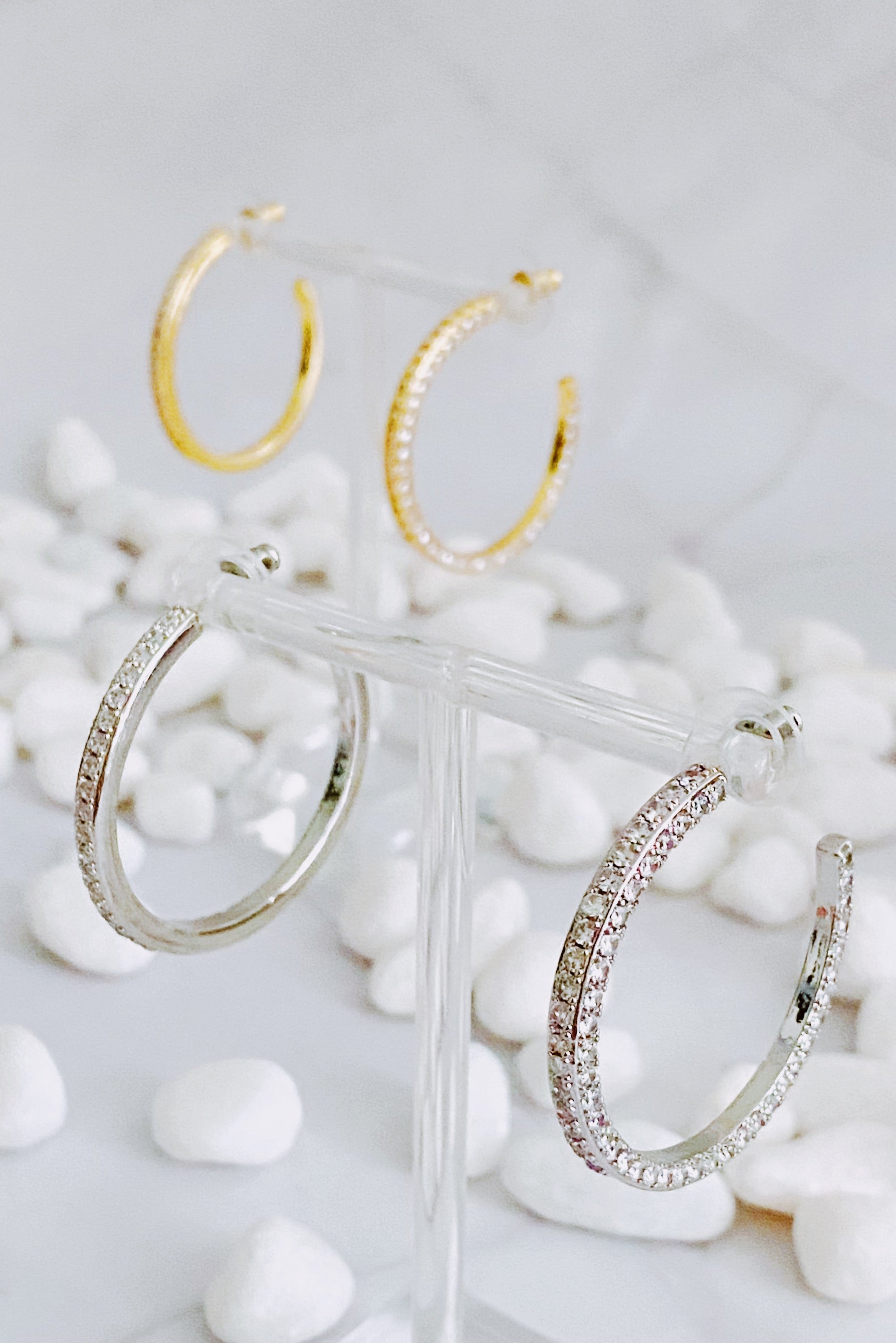 Elegant Plain Or Shine Reversible Hoop Earrings featuring sparkling cubic zirconia stones and a sleek design.