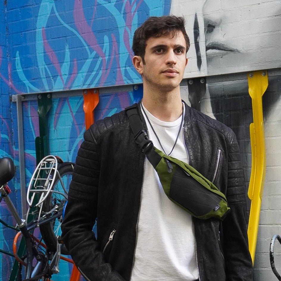 Platoon Recycled Canvas Vegan Bum Bag made from military canvas and reclaimed inner tubes, featuring a zip closure and adjustable strap.