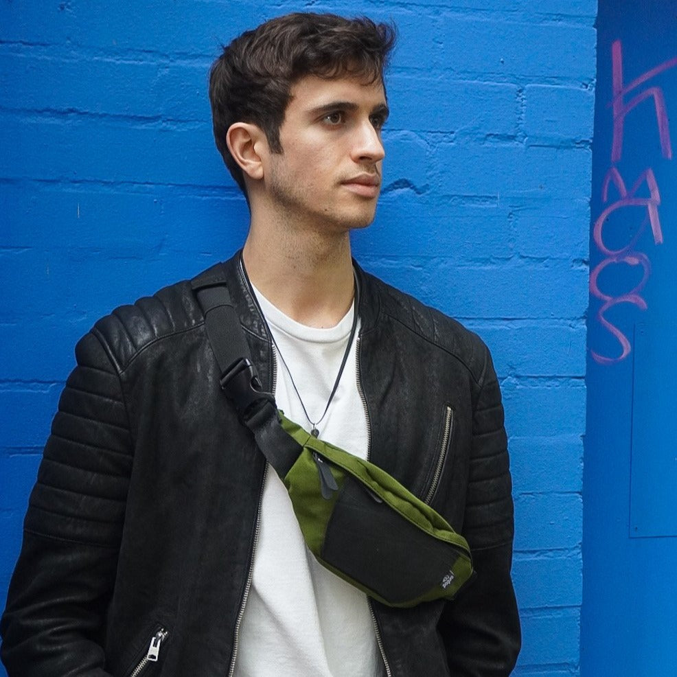 Platoon Recycled Canvas Vegan Bum Bag made from military canvas and reclaimed inner tubes, featuring a zip closure and adjustable strap.