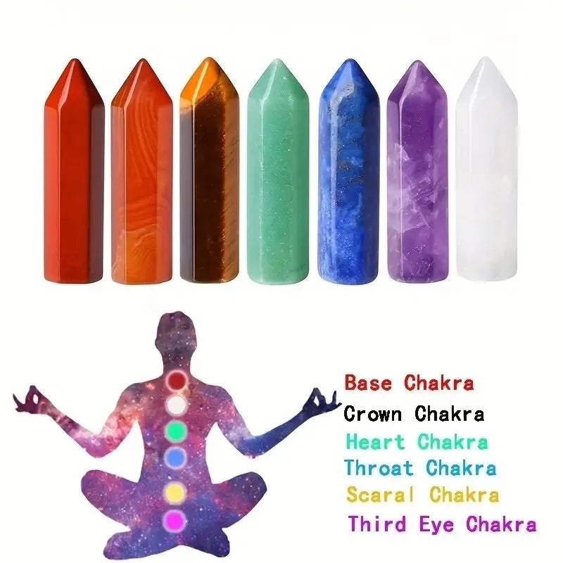 Ensemble de pointes 7 chakras en pierres naturelles, comprenant améthyste, sodalite, quartz rose, quartz blanc, œil de tigre, aventurine et jaspe rouge.