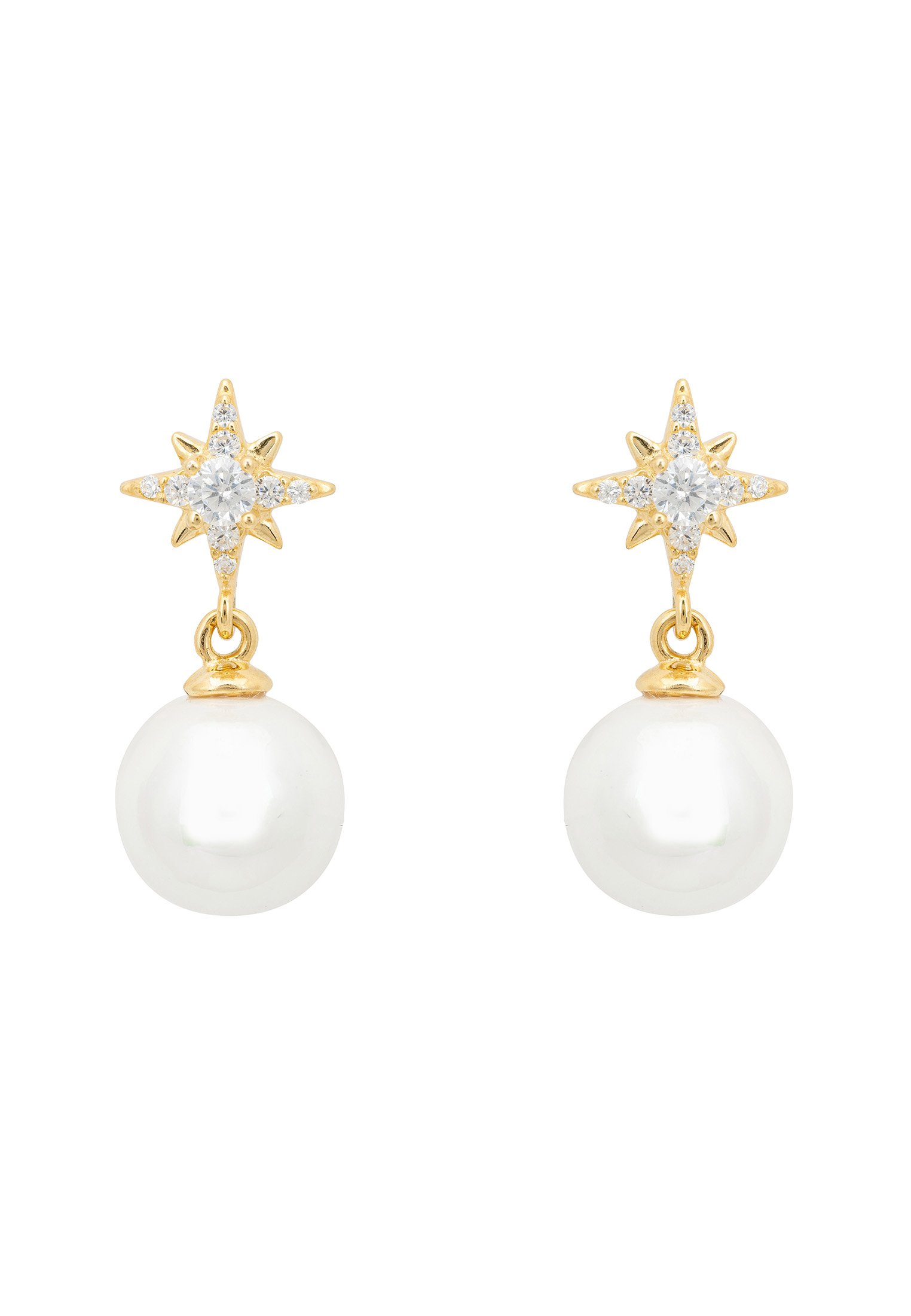 Polaris North Star Pearl Earrings in Gold featuring a starburst design with zirconia and a suspended white pearl.
