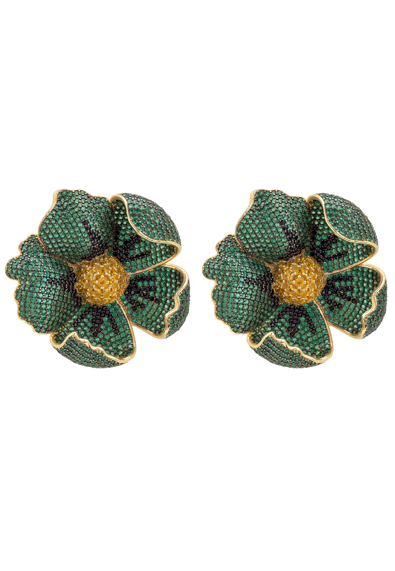 Elegant Poppy Emerald Green Earrings Gold featuring sparkling cubic zirconia in a floral design, crafted from sterling silver and gold.