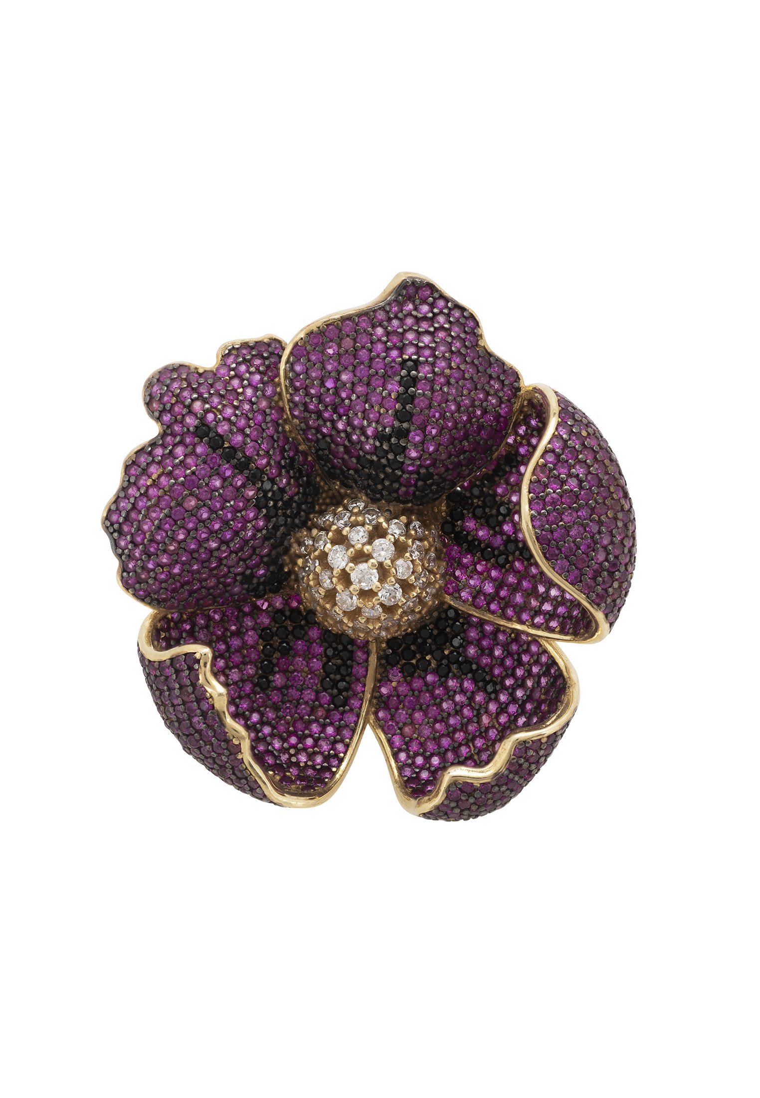A stunning Poppy Flower Red Ring Gold featuring ruby red and black cubic zirconia, crafted from 925 sterling silver dipped in 22ct gold.