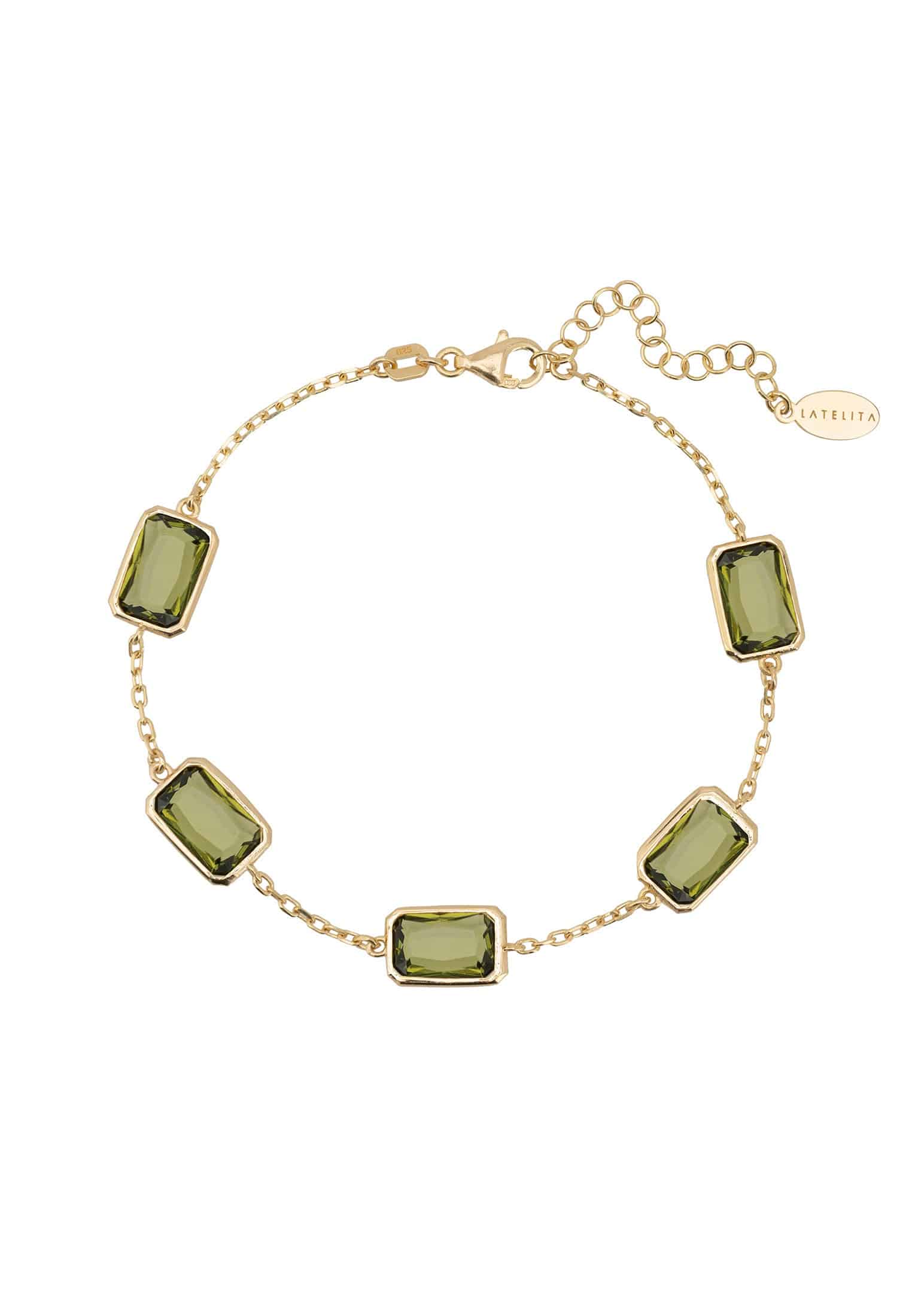 Portofino Bracelet in Gold with Peridot gemstones, featuring five rectangular cut cabochons on a fine chain.