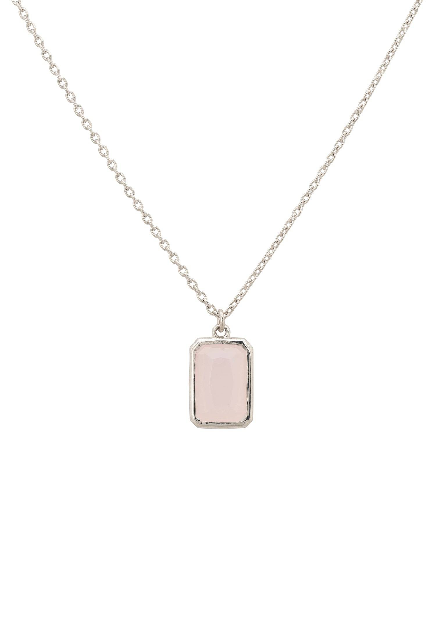 Portofino Necklace featuring a rectangular rose quartz gemstone set in 925 sterling silver, elegantly displayed on a soft background.