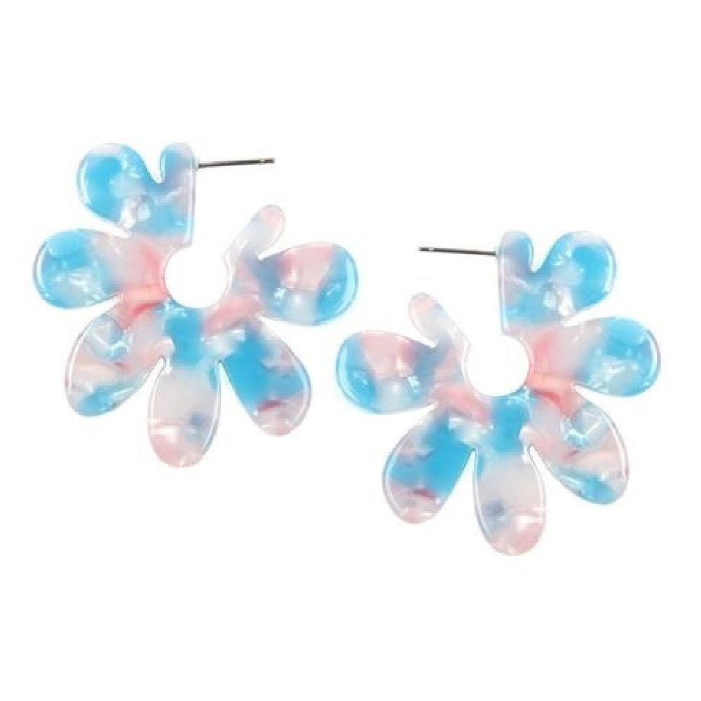 Colorful Post Resin Flower Earrings with a floral design, featuring a 2-inch diameter, made from base metal and resin.