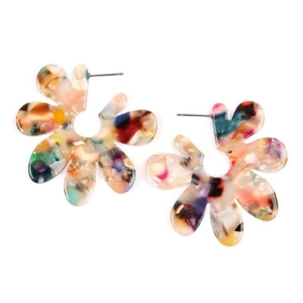 Colorful Post Resin Flower Earrings with a floral design, featuring a 2-inch diameter, made from base metal and resin.