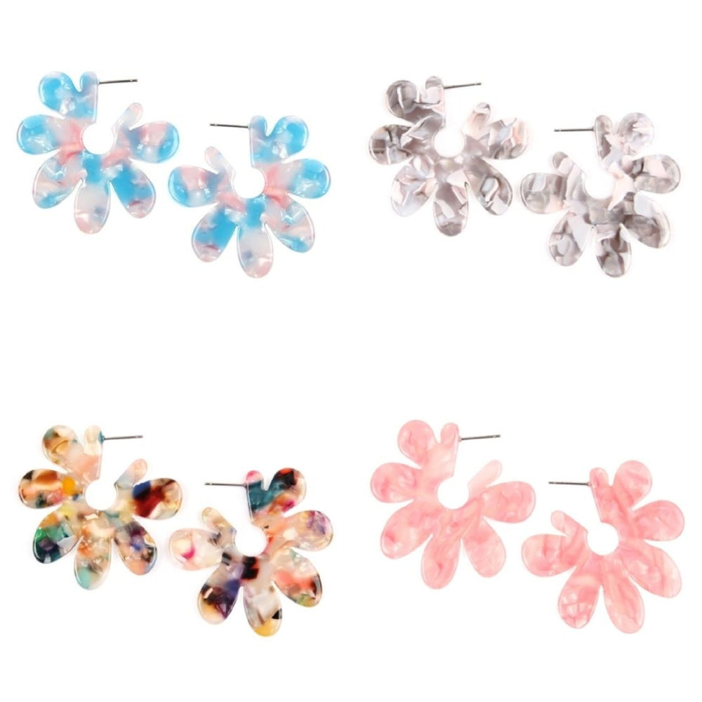Colorful Post Resin Flower Earrings with a floral design, featuring a 2-inch diameter, made from base metal and resin.